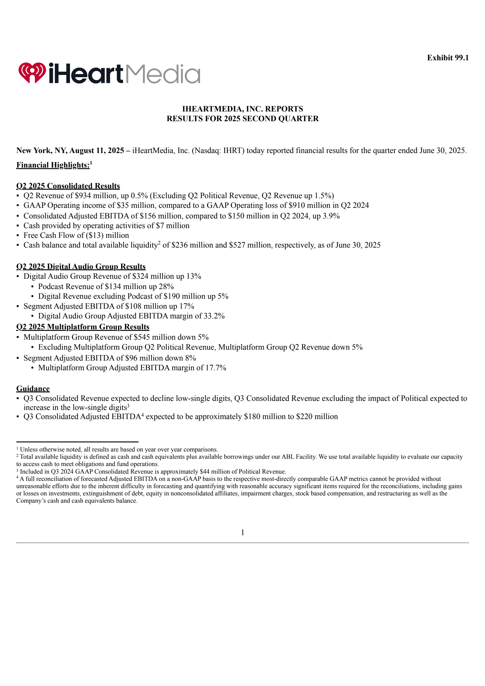iHeartMedia's Q2 2025 Press Release