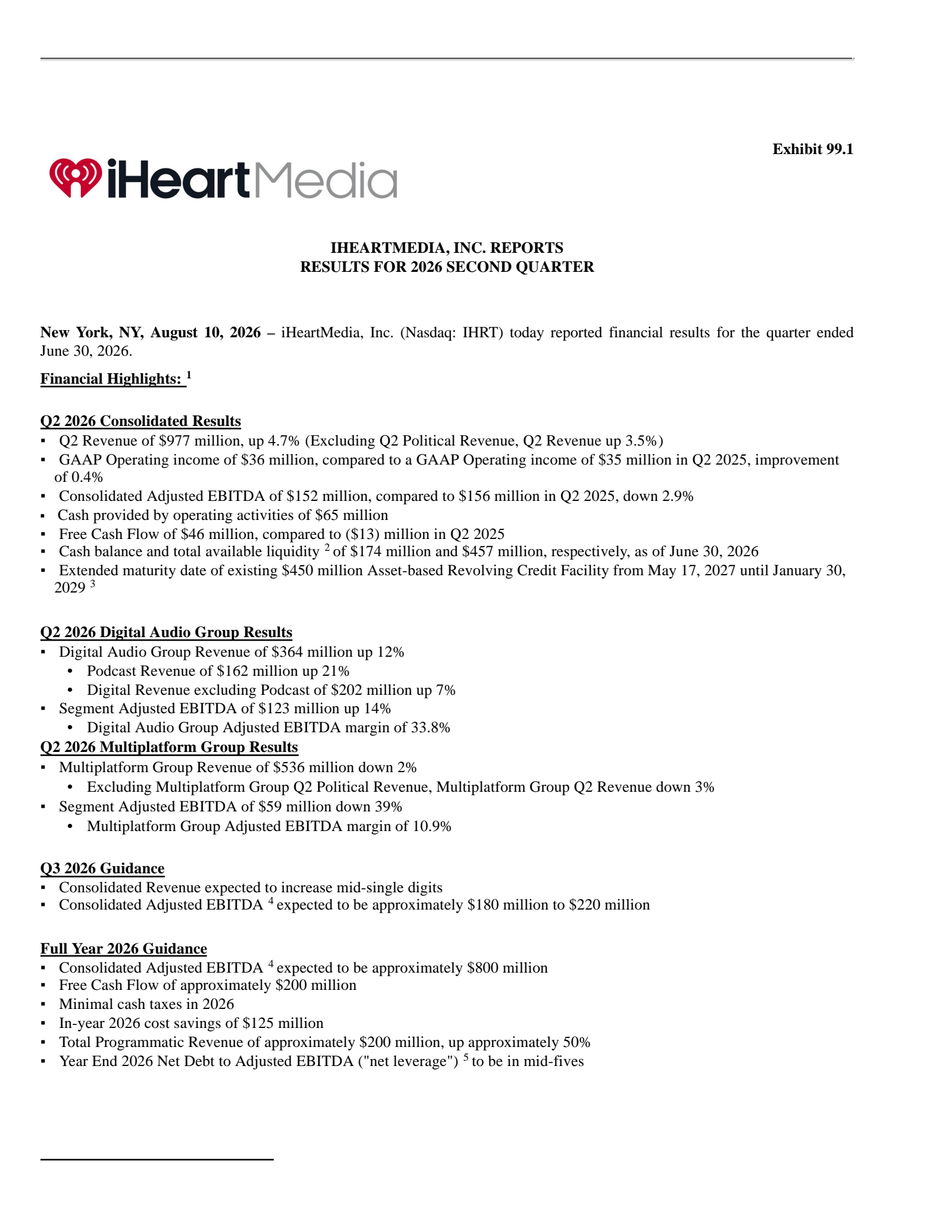 iHeartMedia's Q2 2026 Press Release