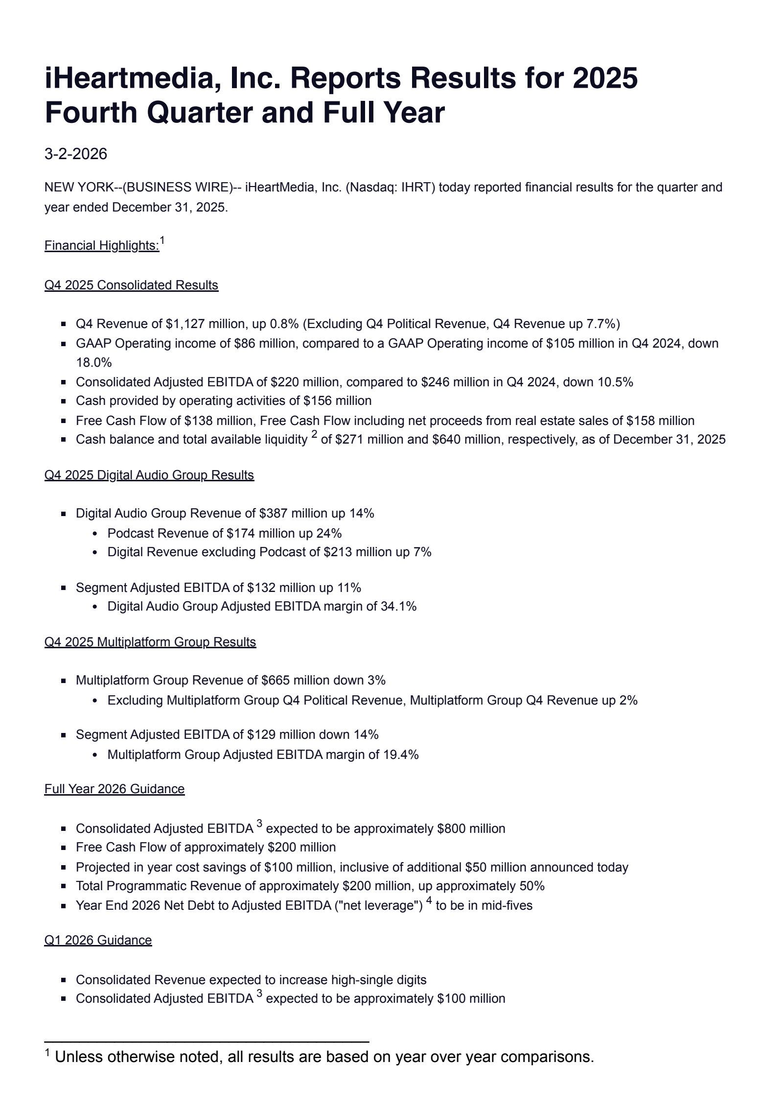 iHeartMedia's Q4 2025 Press Release
