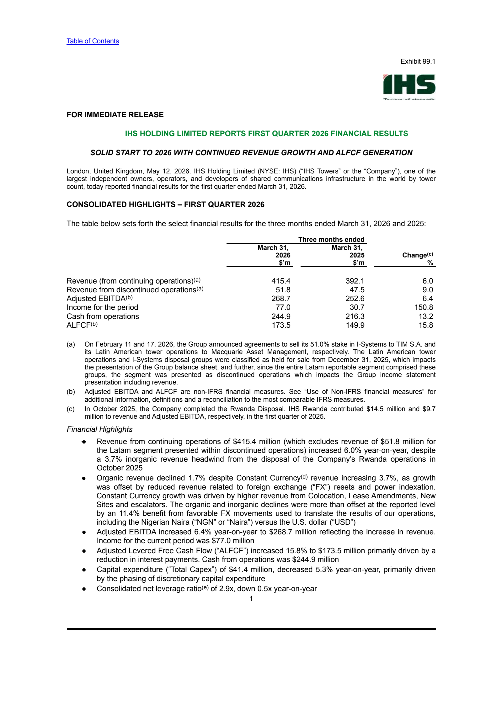 IHS's Q1 2026 Press Release
