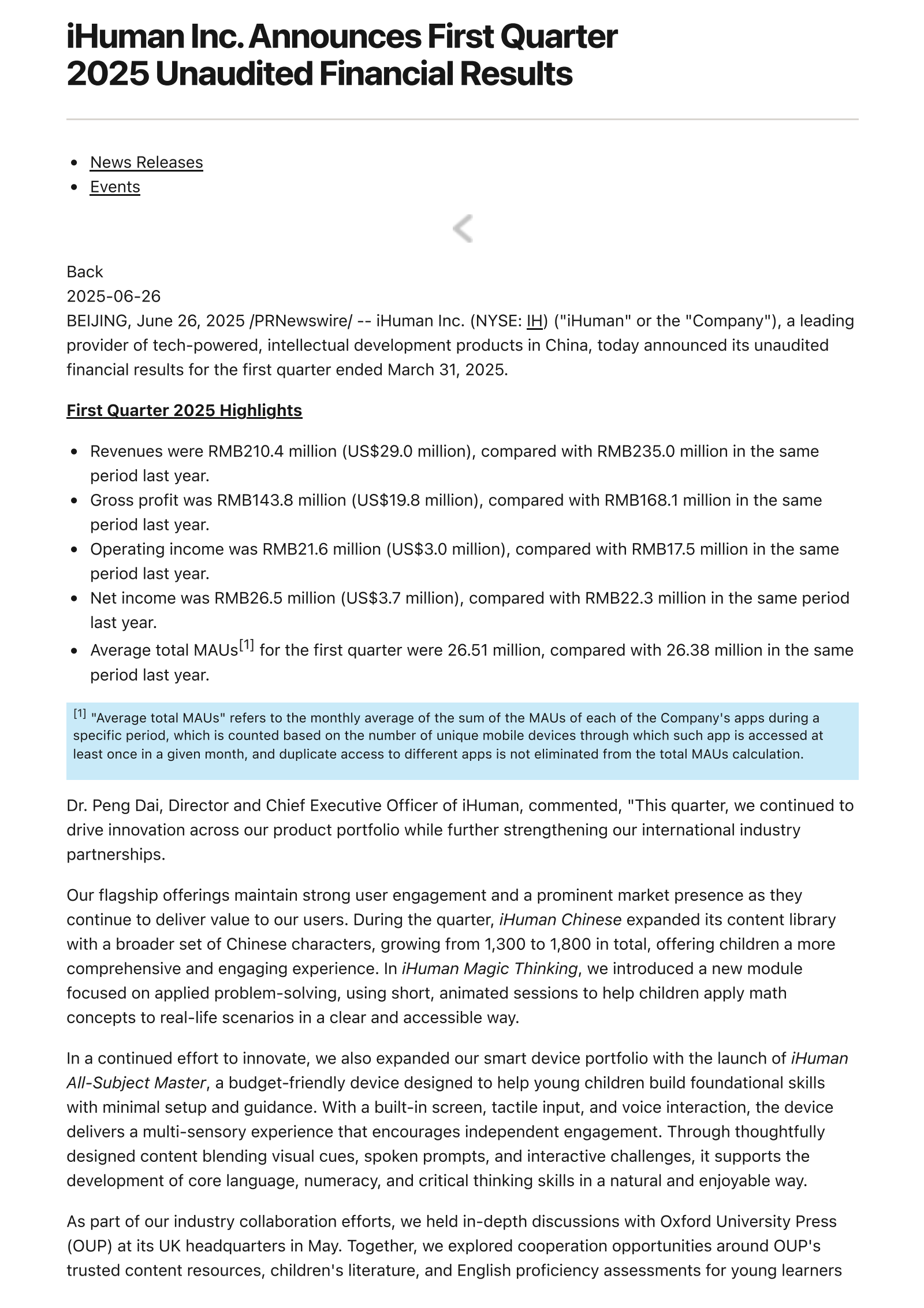 iHuman's Q1 2025 Press Release