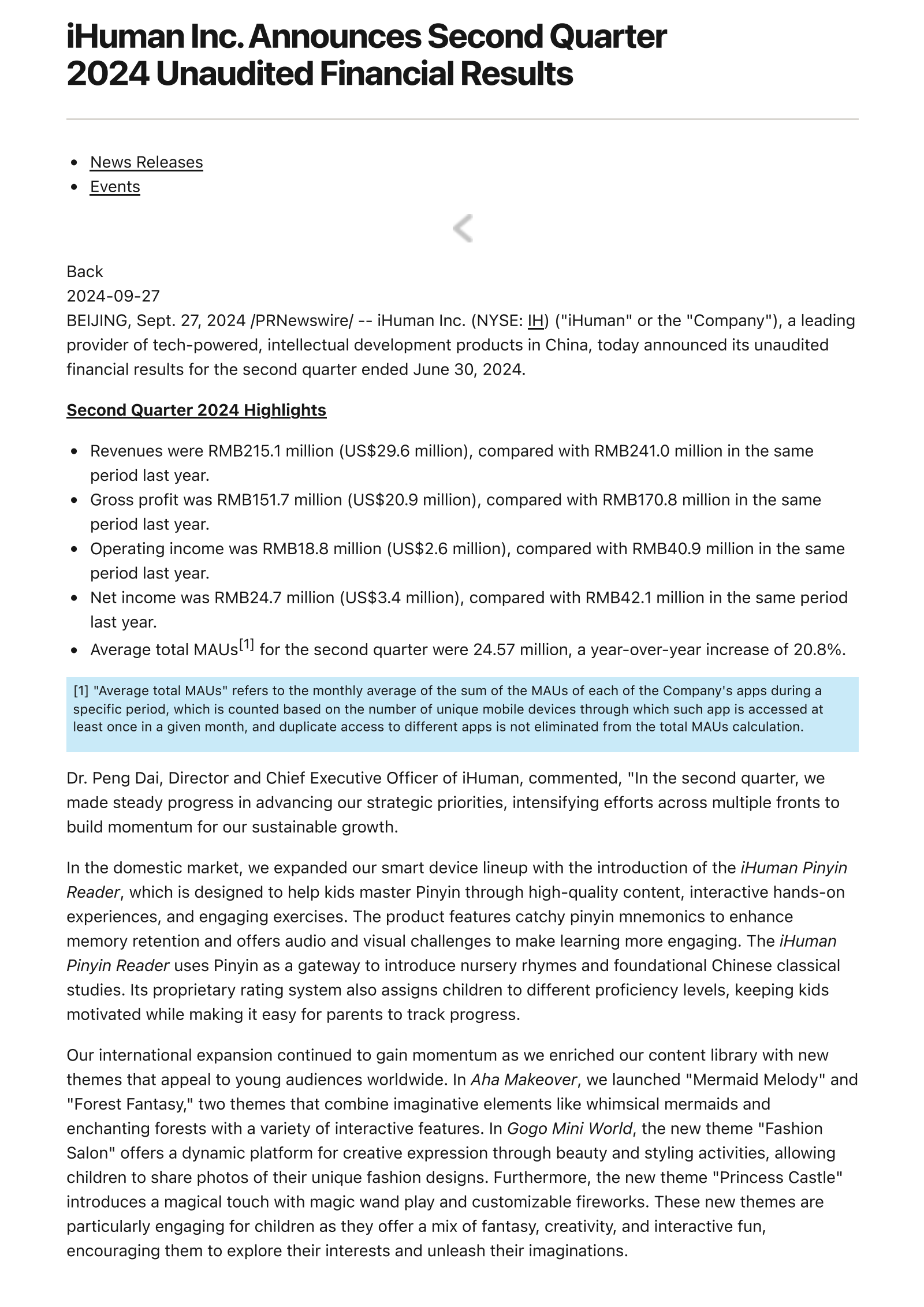 iHuman's Q2 2024 Press Release