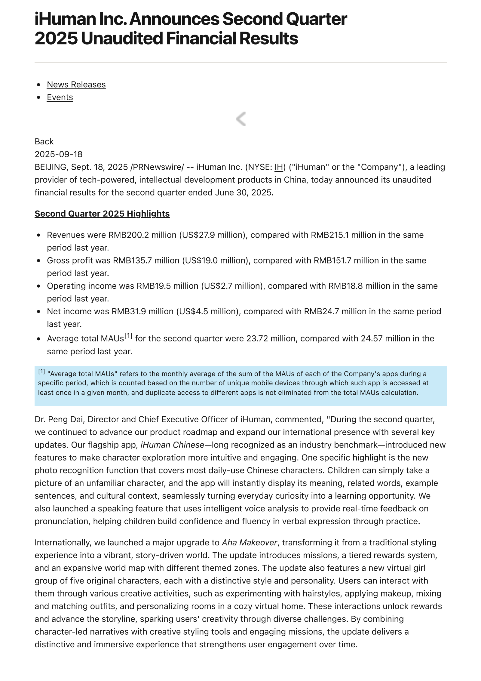 iHuman's Q2 2025 Press Release