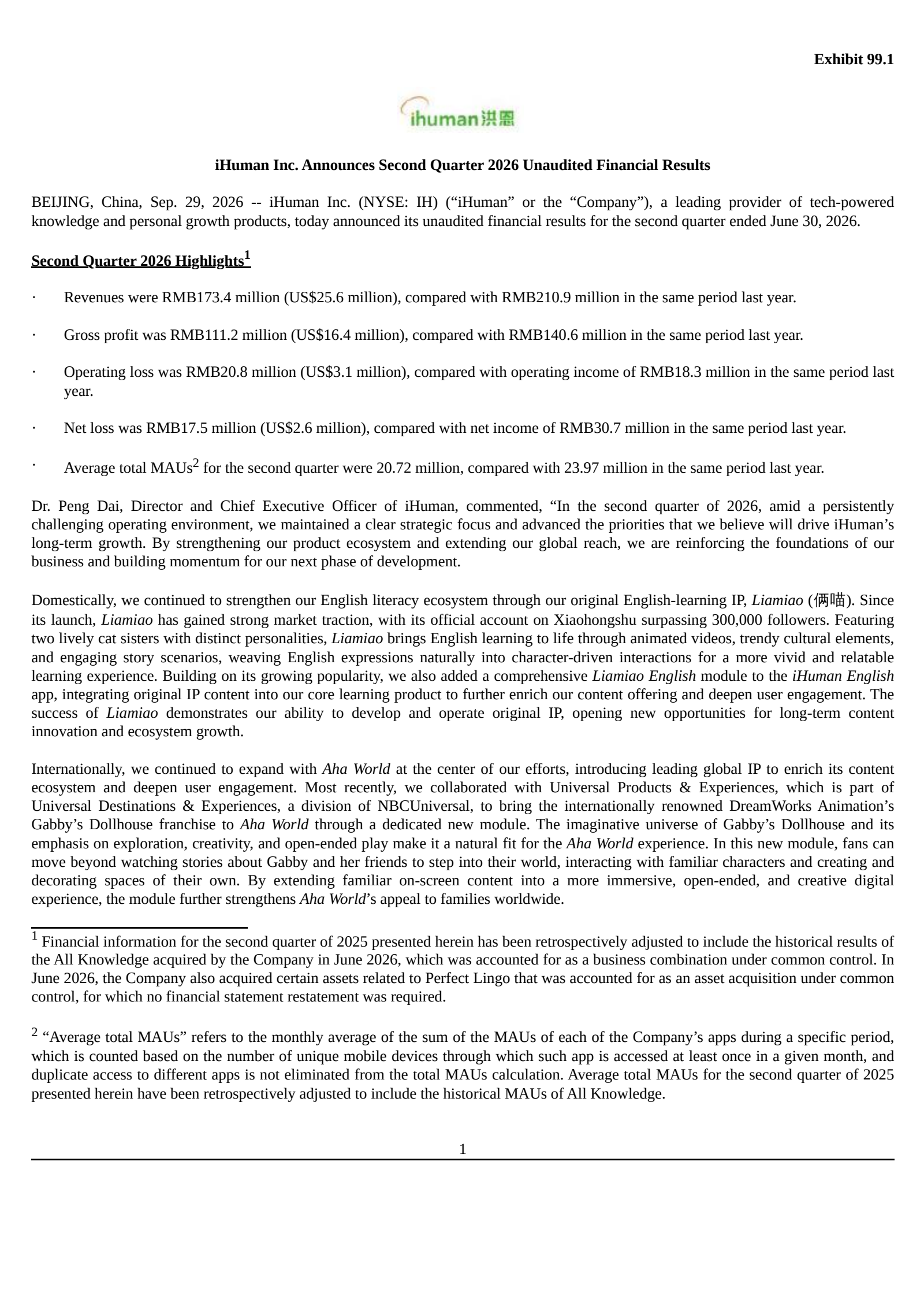 iHuman's Q2 2026 Press Release