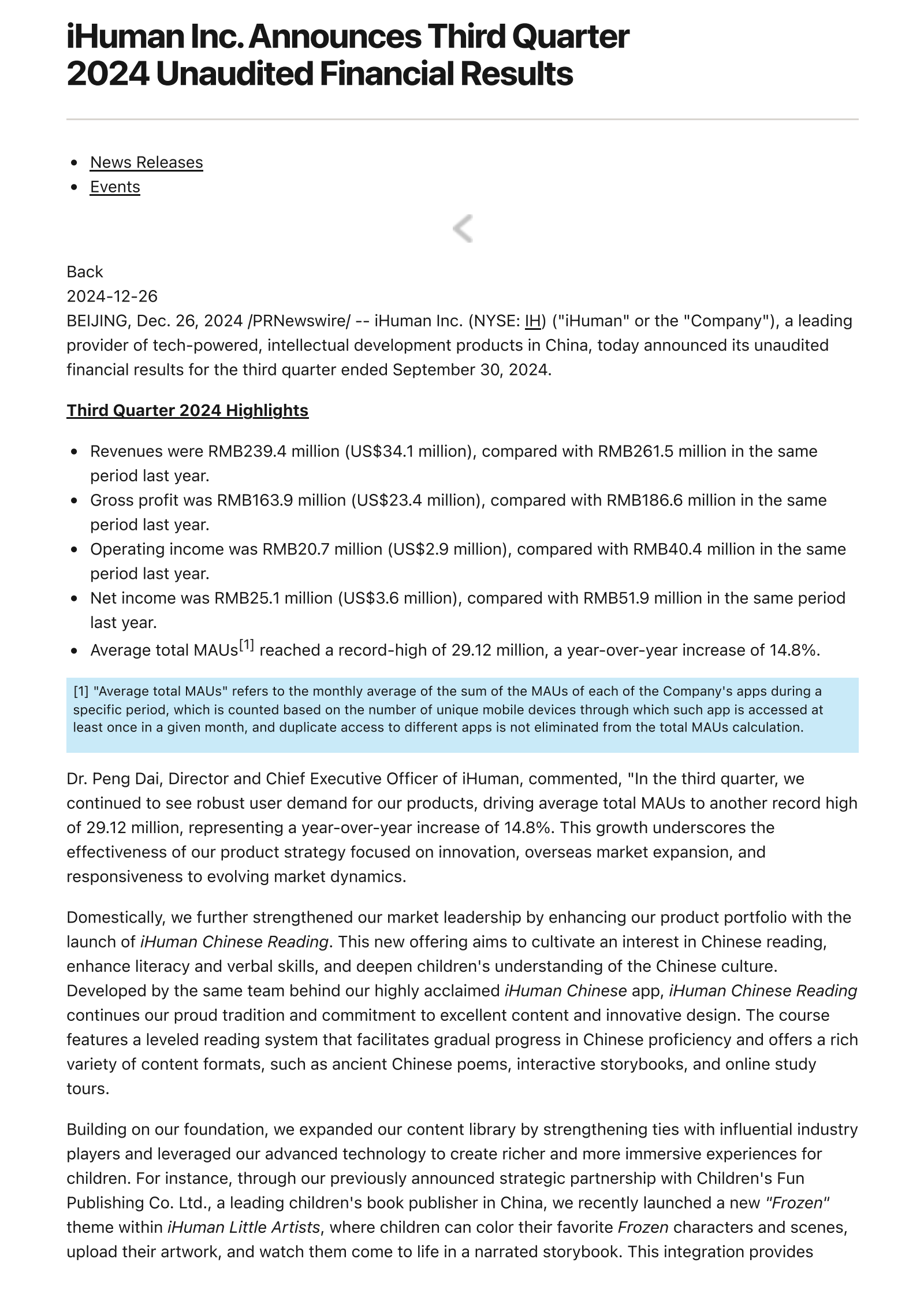 iHuman's Q3 2024 Press Release
