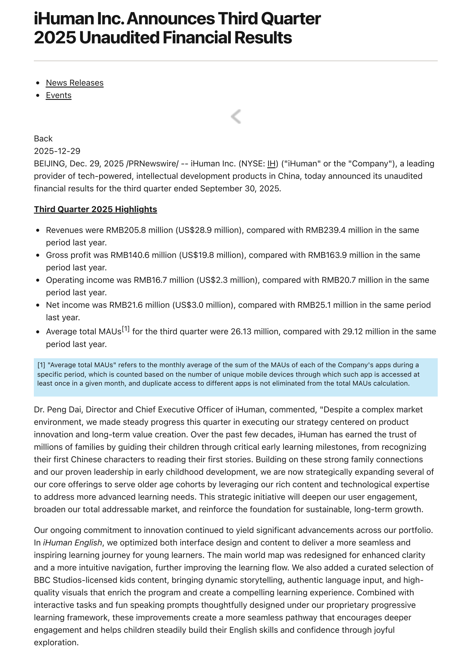 iHuman's Q3 2025 Press Release