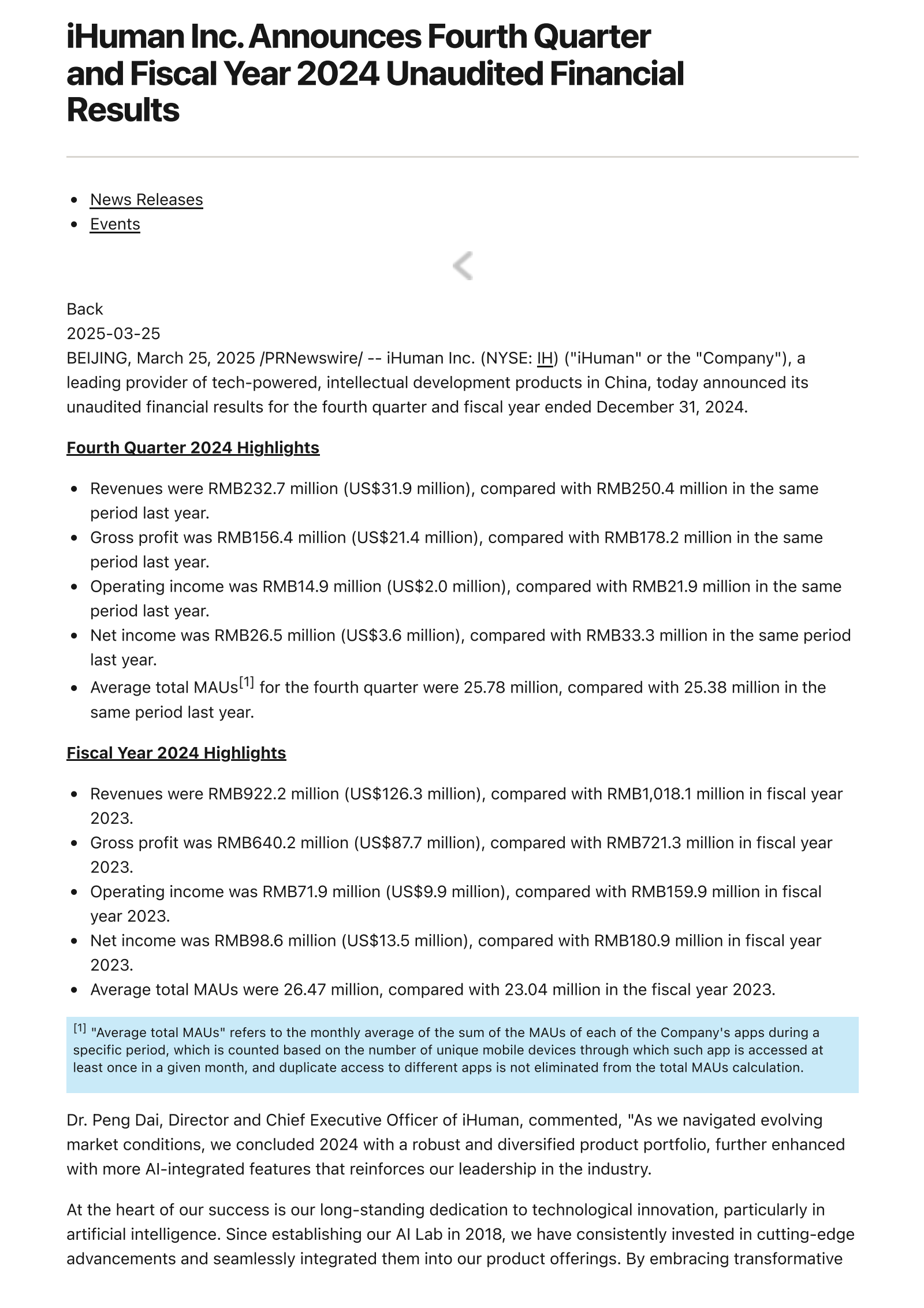iHuman's Q4 2024 Press Release