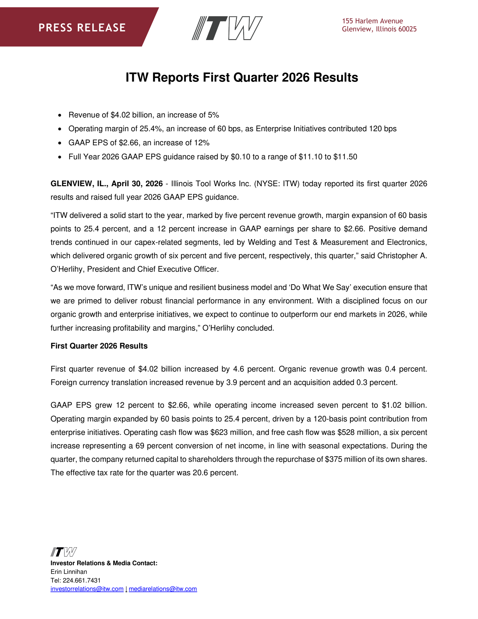 Illinois Tool Works' Q1 2026 Press Release