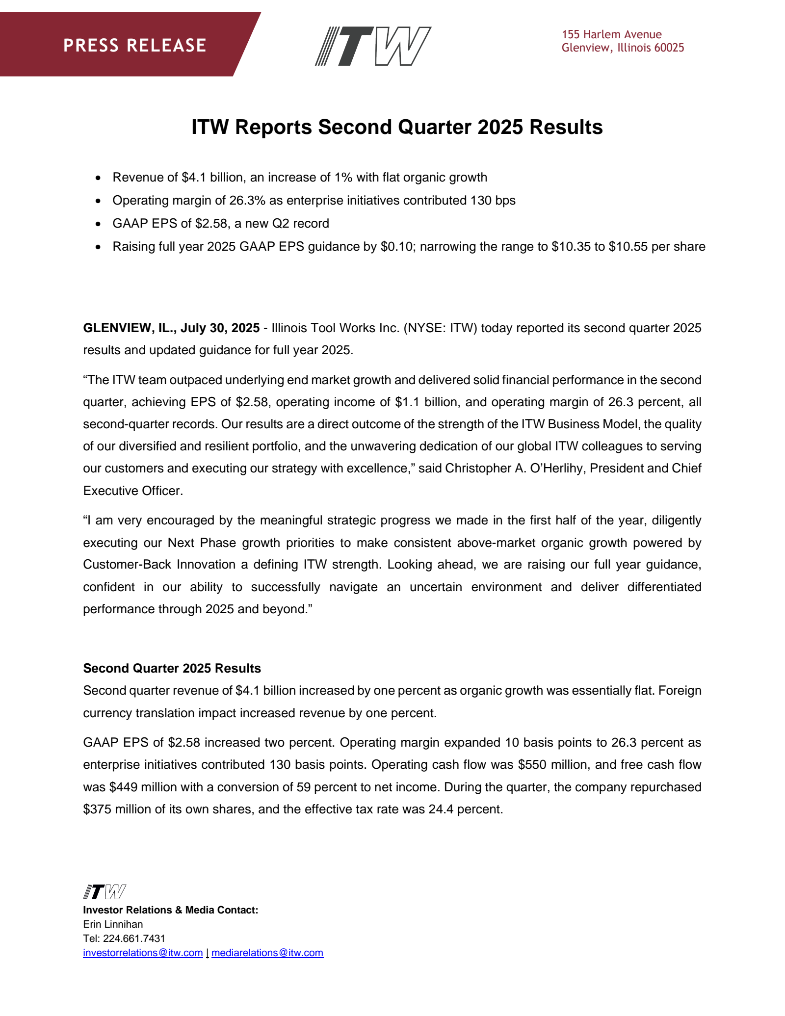 Illinois Tool Works' Q2 2025 Press Release