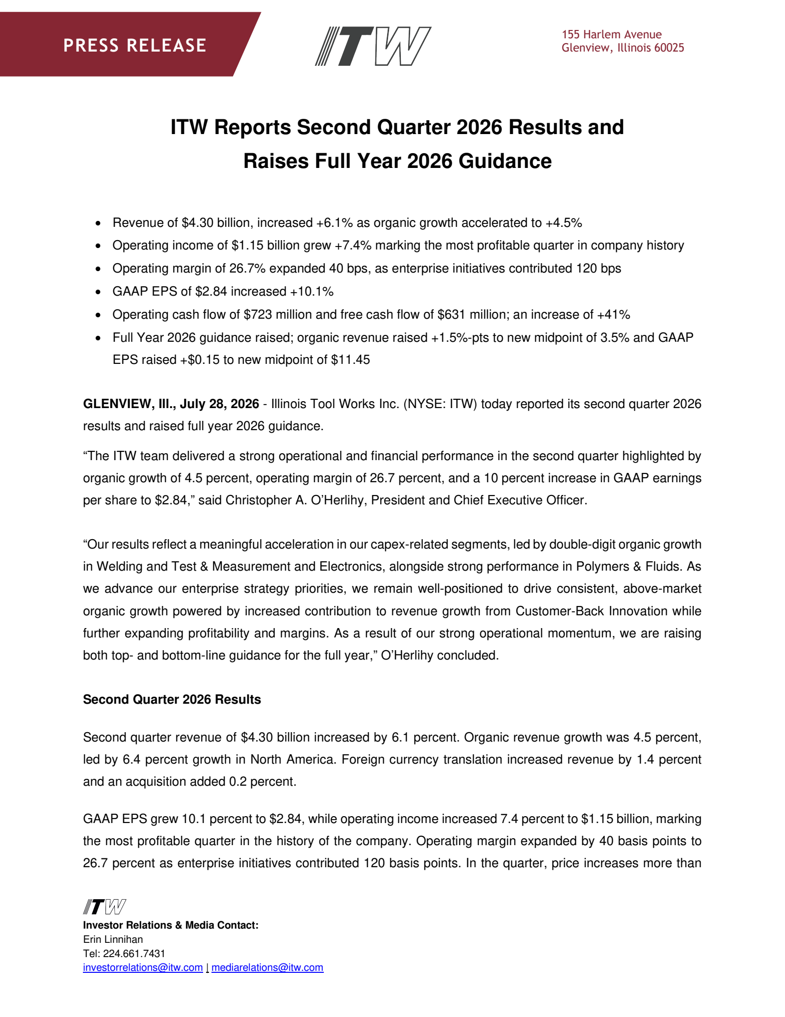 Illinois Tool Works' Q2 2026 Press Release