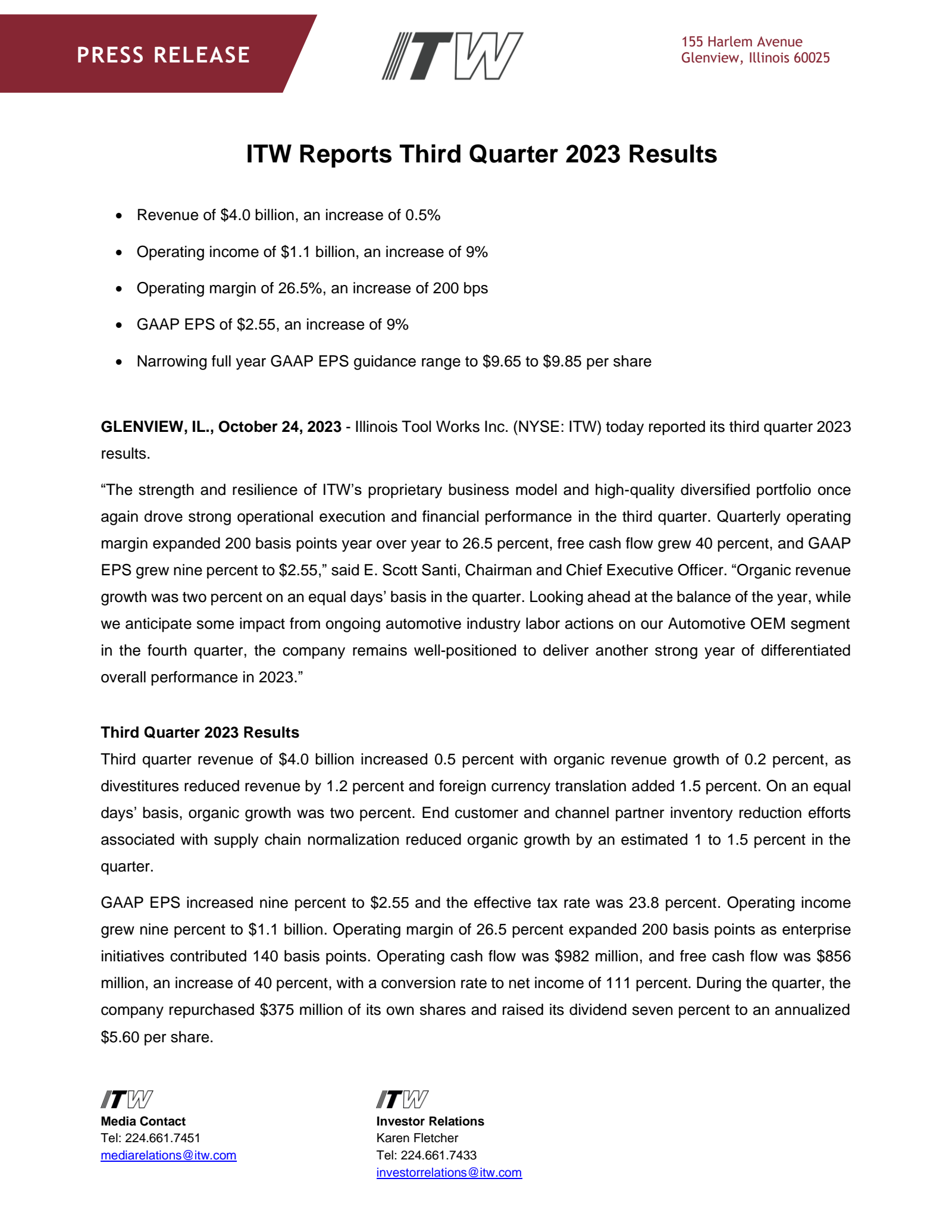 Illinois Tool Works' Q3 2023 Press Release