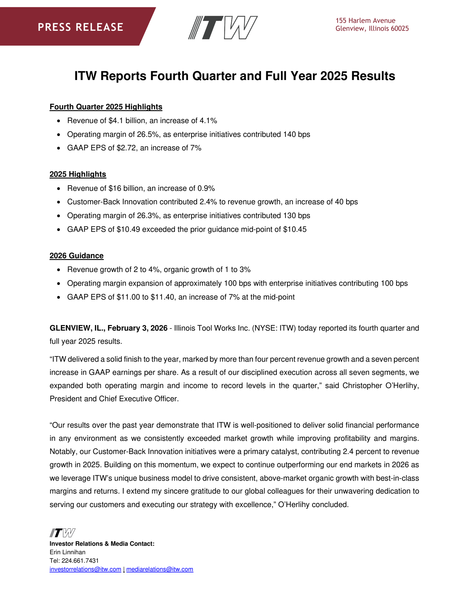 Illinois Tool Works' Q4 2025 Press Release