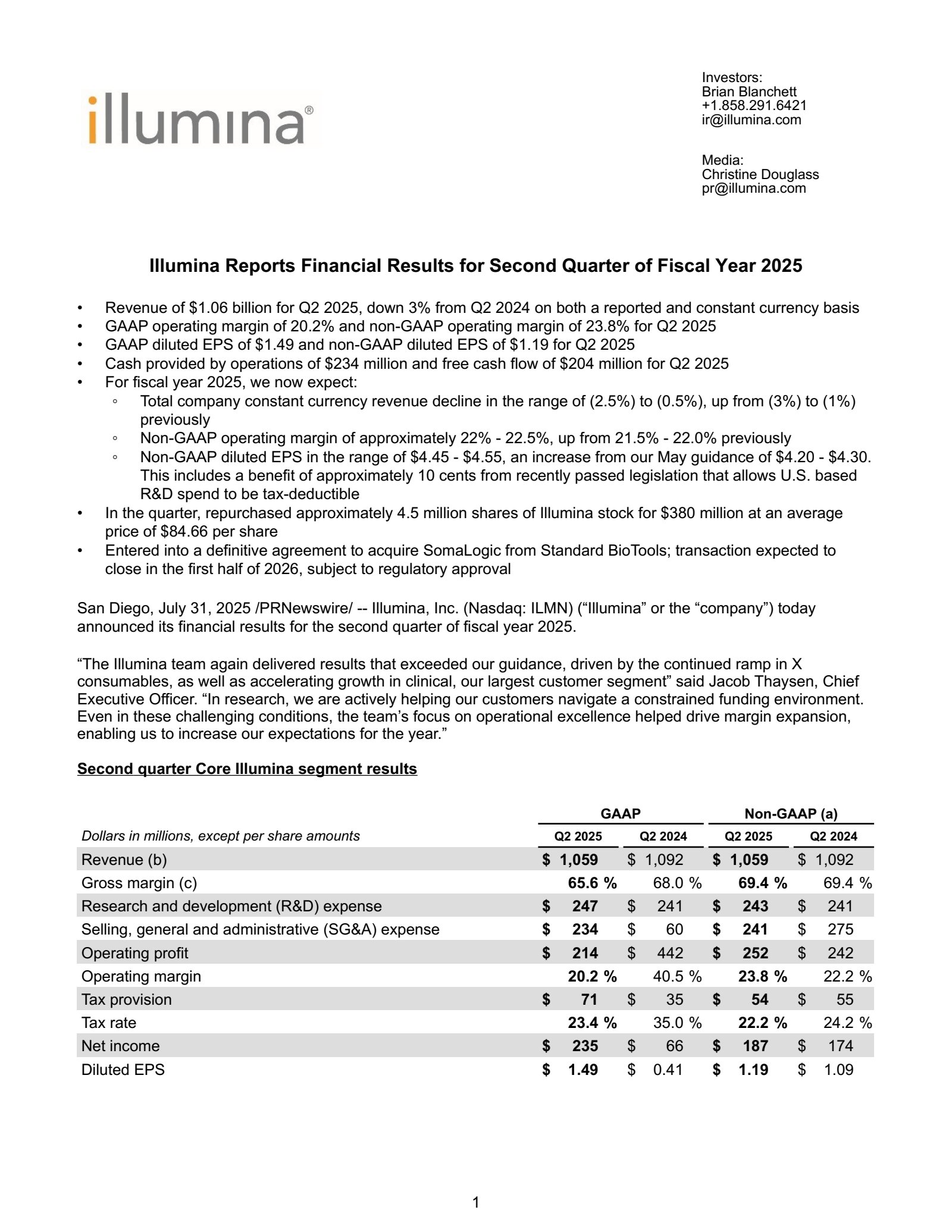 Illumina's Q2 2025 Press Release