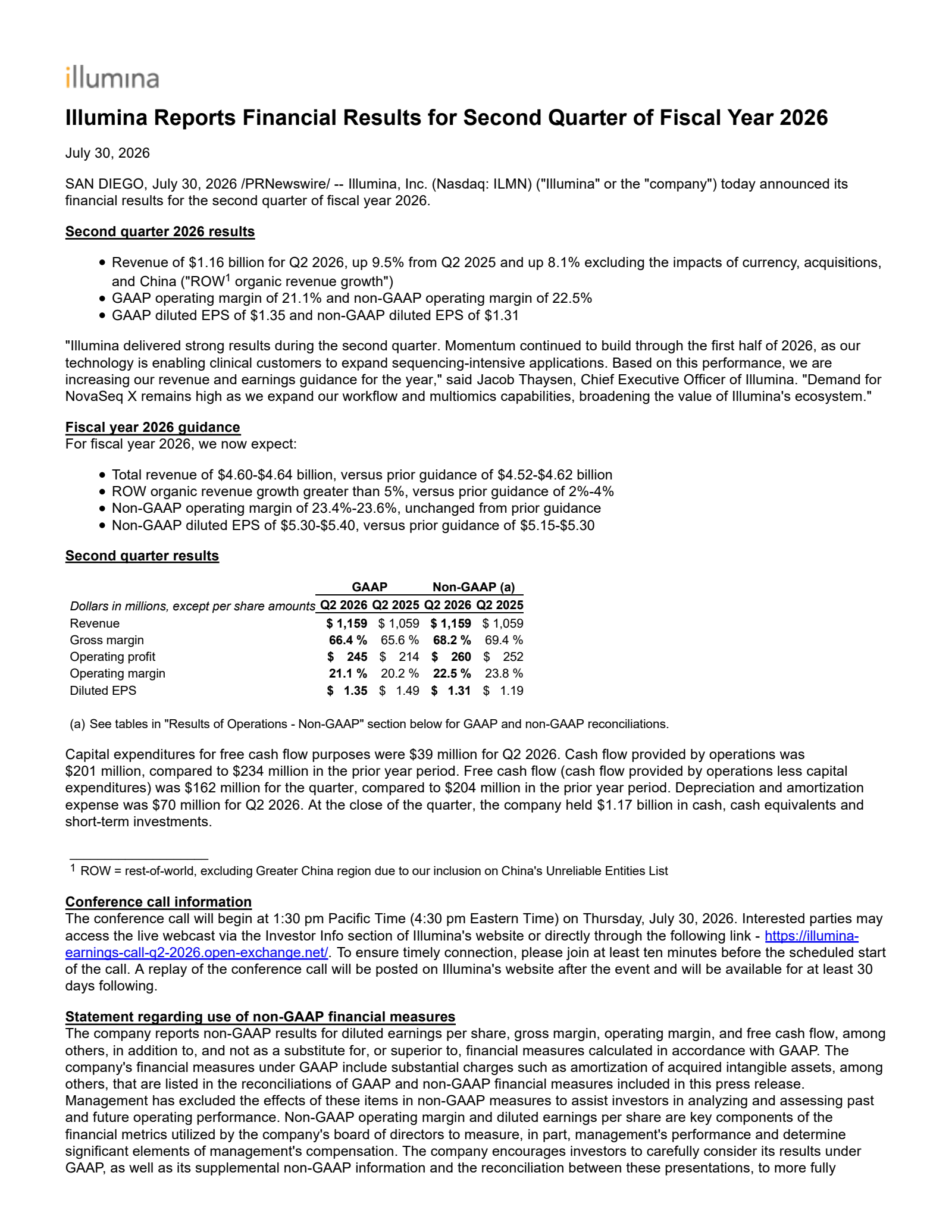 Illumina's Q2 2026 Press Release