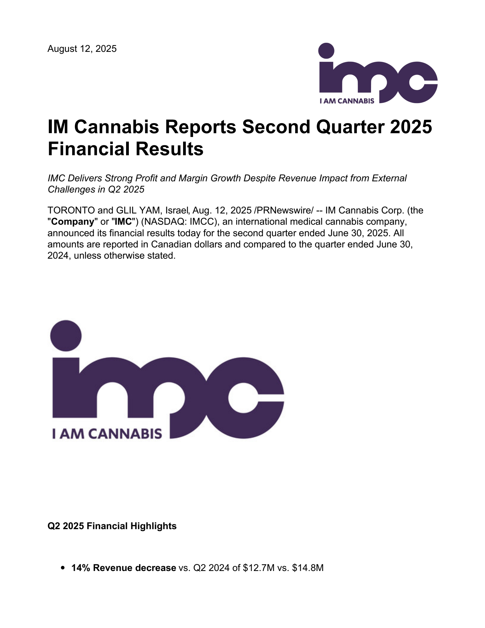 IM Cannabis' Q2 2025 Press Release