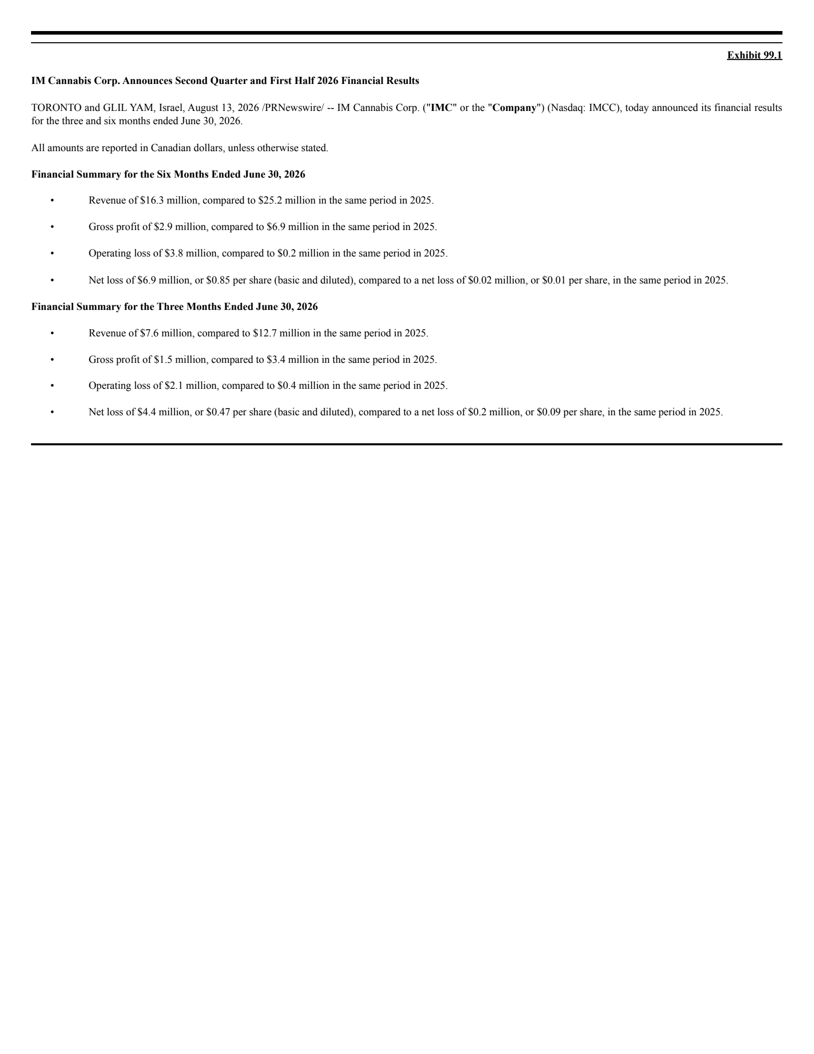 IM Cannabis' Q2 2026 Press Release