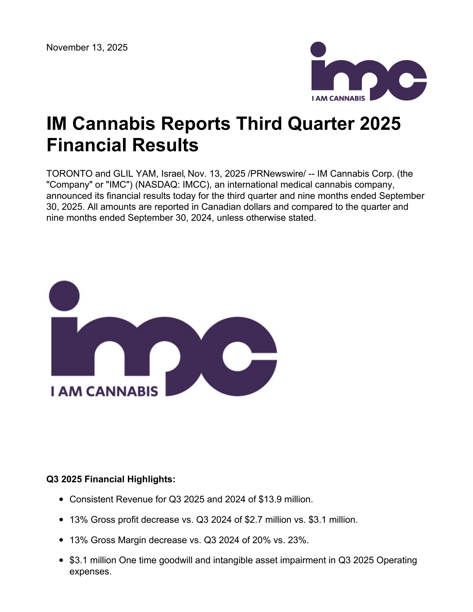 IM Cannabis' Q3 2025 Earnings Release