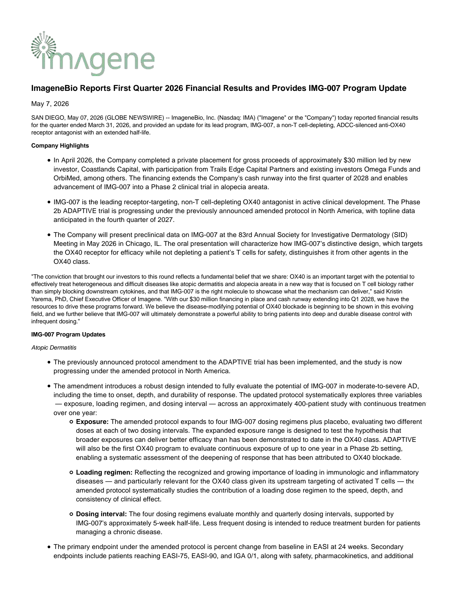 ImageneBio's Q1 2026 Press Release