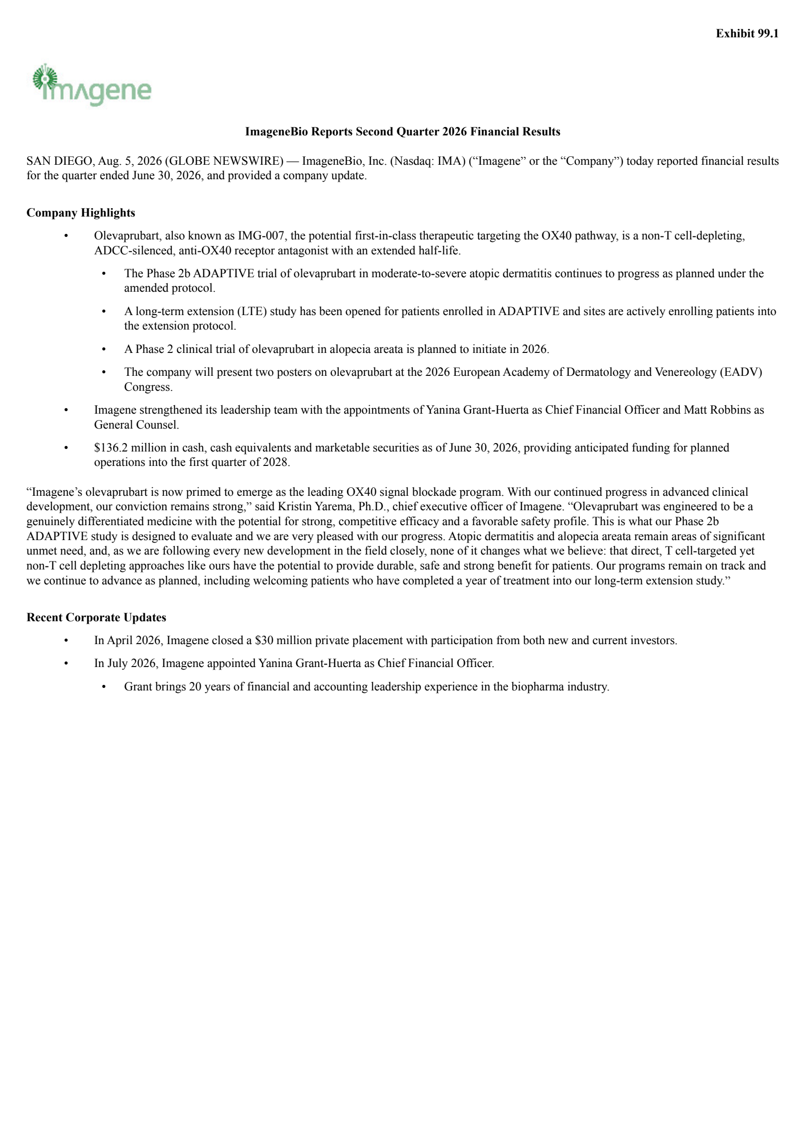ImageneBio's Q2 2026 Press Release