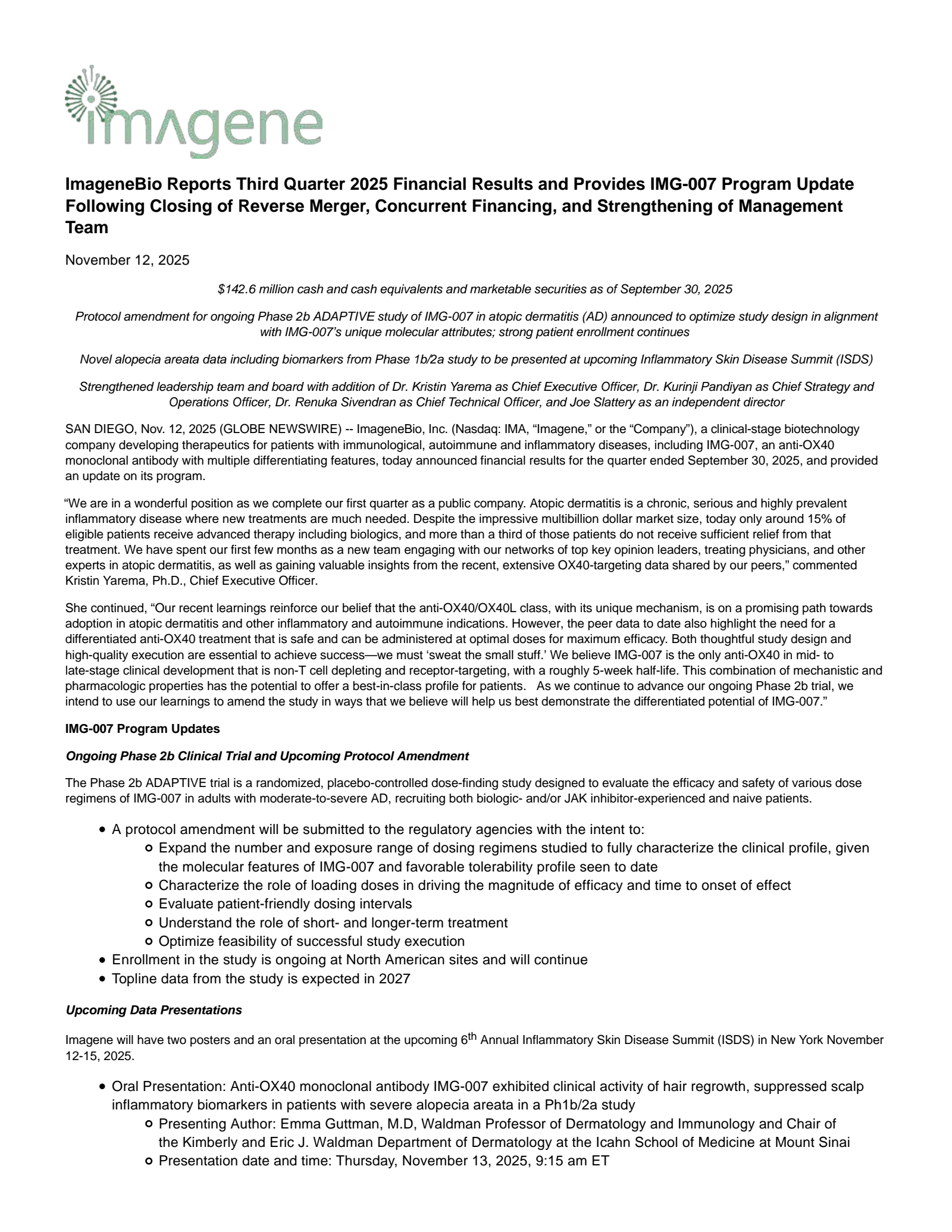 ImageneBio's Q3 2025 Press Release