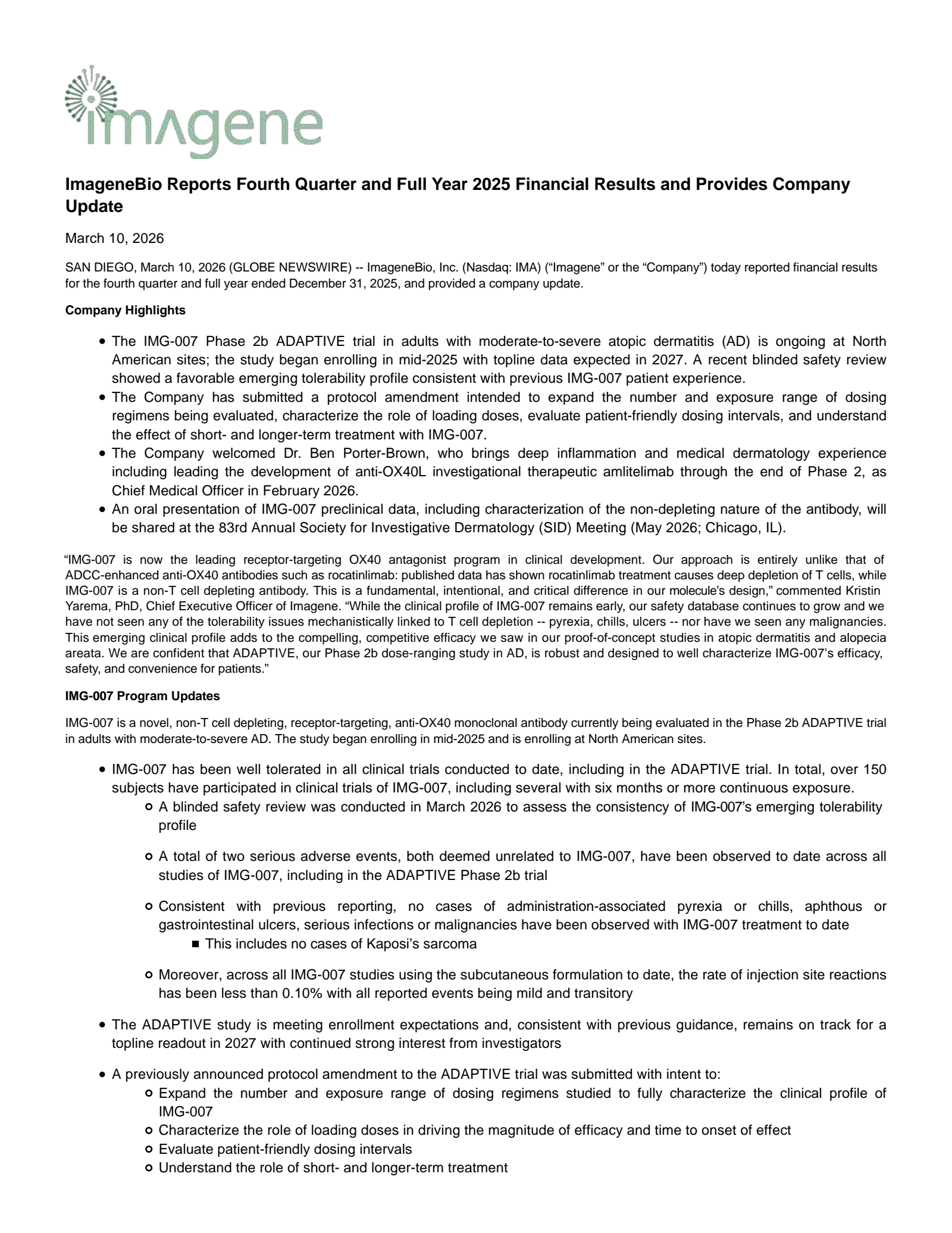 ImageneBio's Q4 2025 Press Release