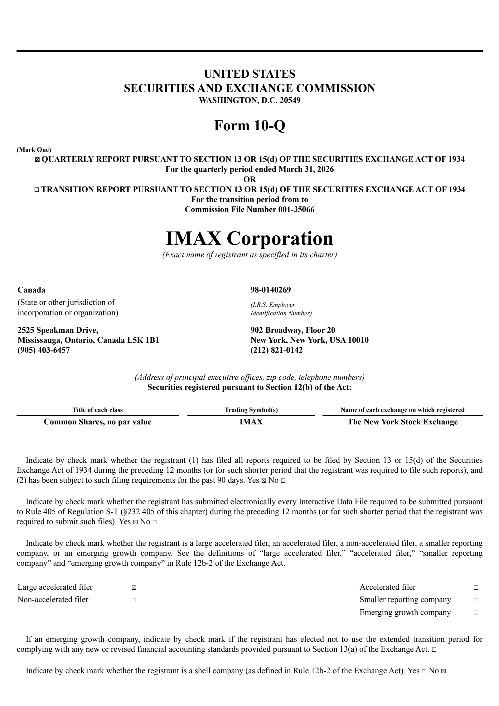 IMAX's Q1 2026 Quarterly report
