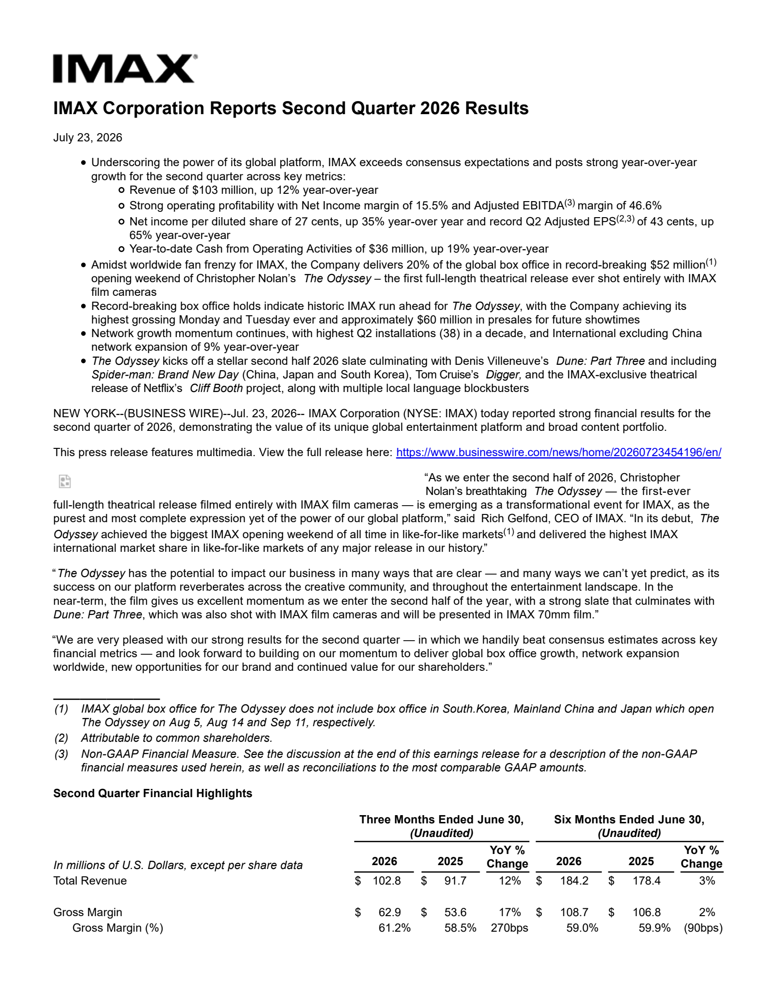 IMAX's Q2 2026 Press Release