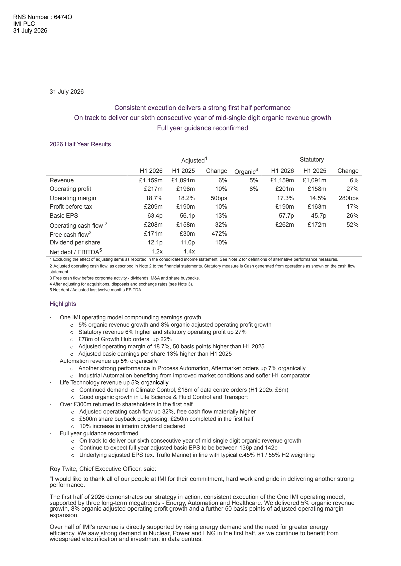 IMI's Q2 2026 Interim report