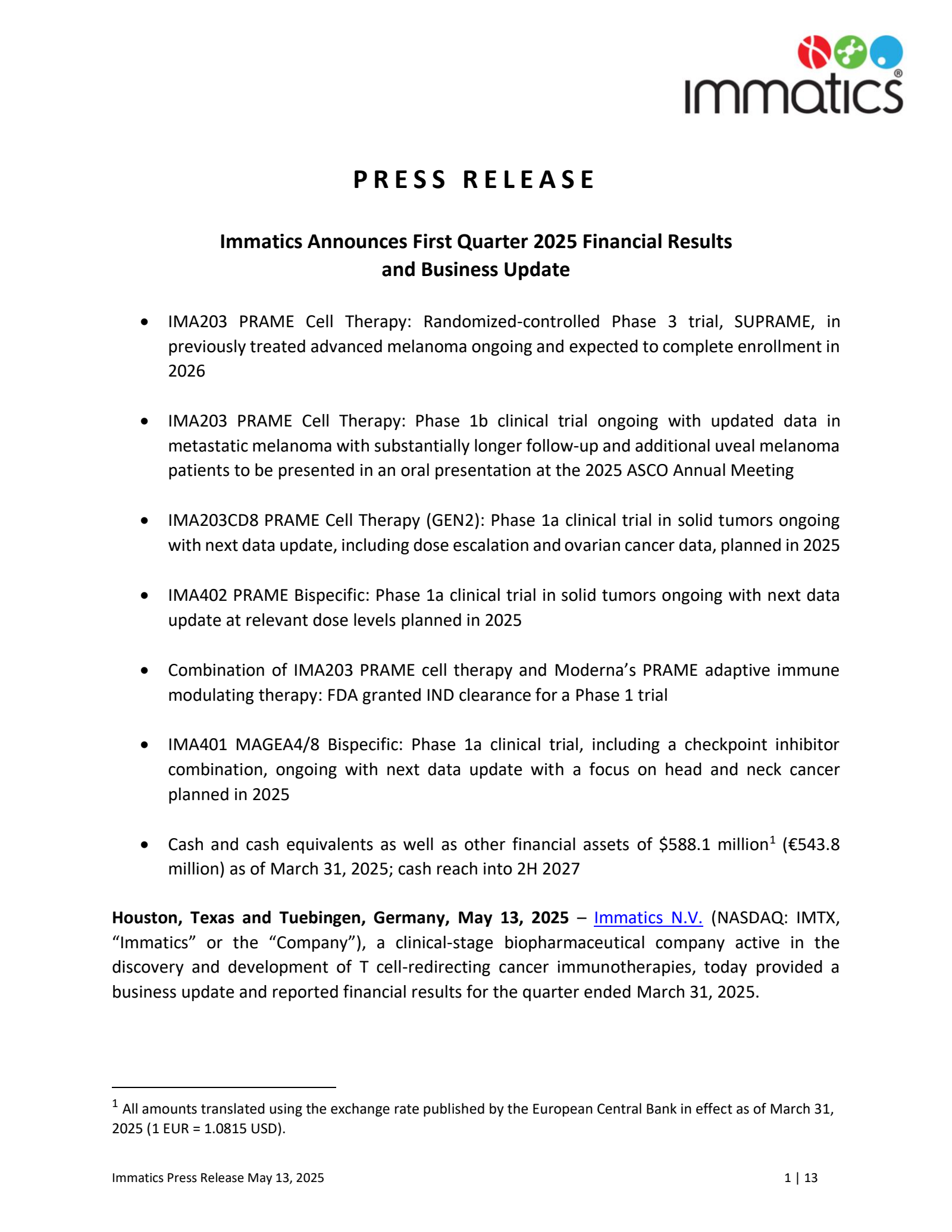 Immatics' Q1 2025 Press Release