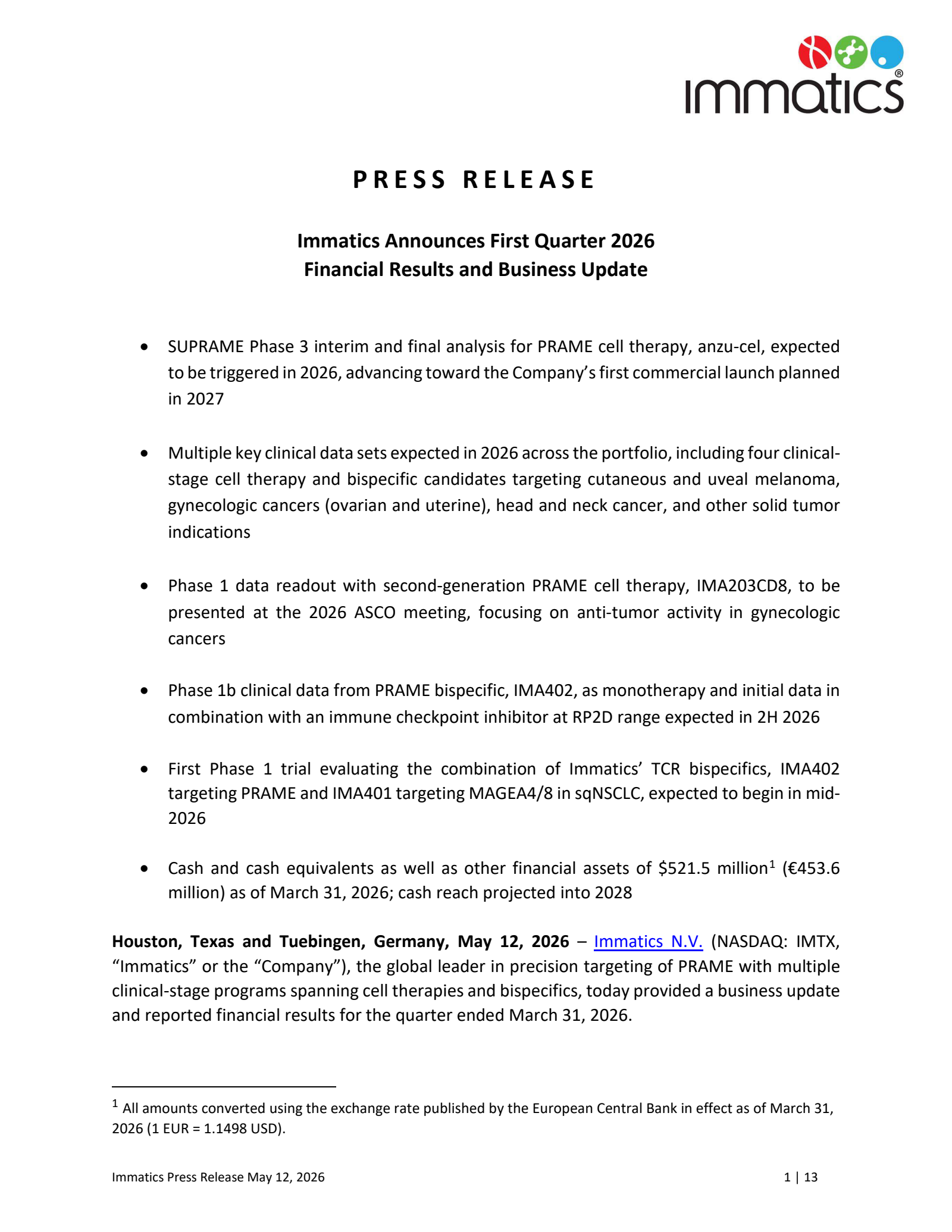 Immatics' Q1 2026 Press Release