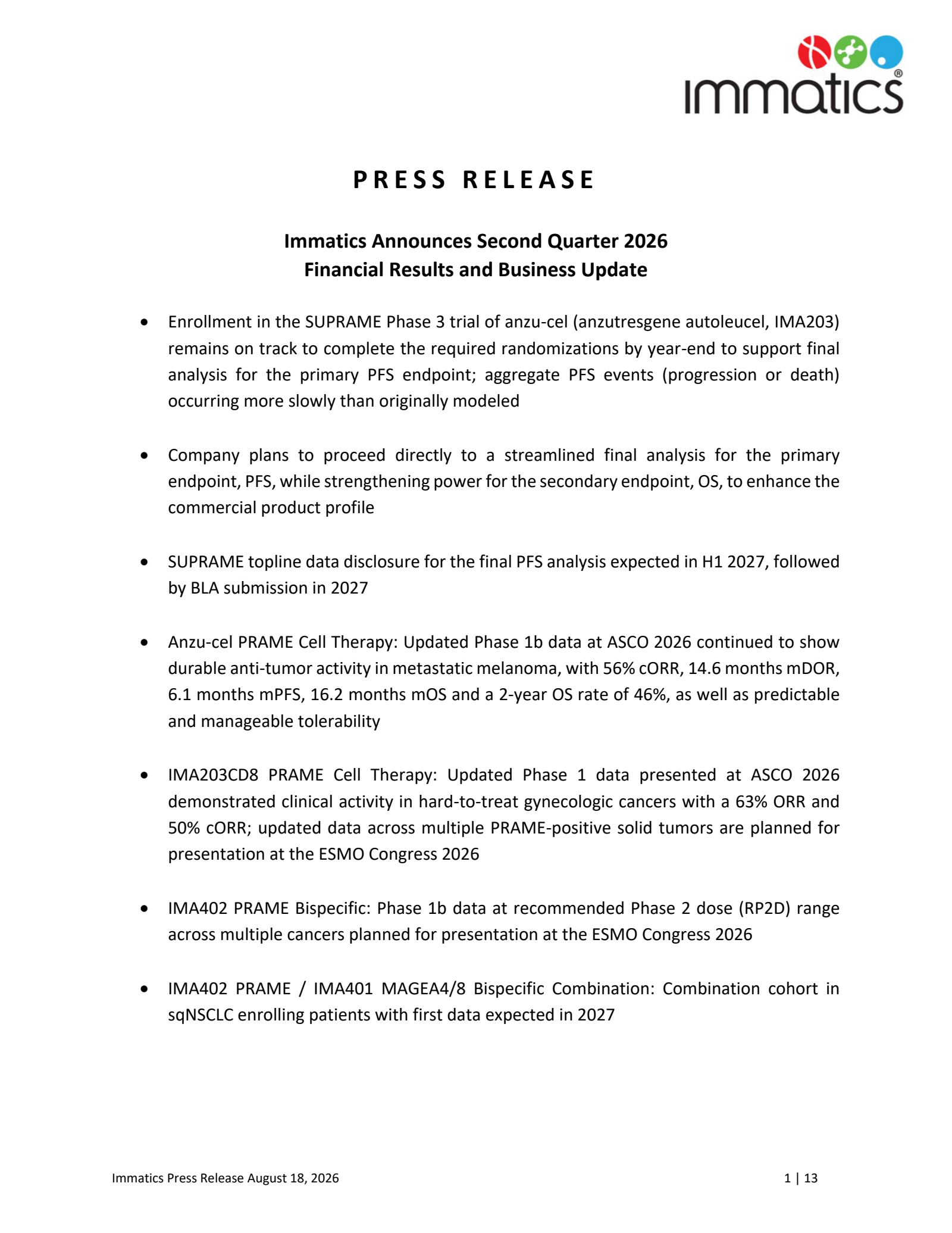 Immatics' Q2 2026 Press Release