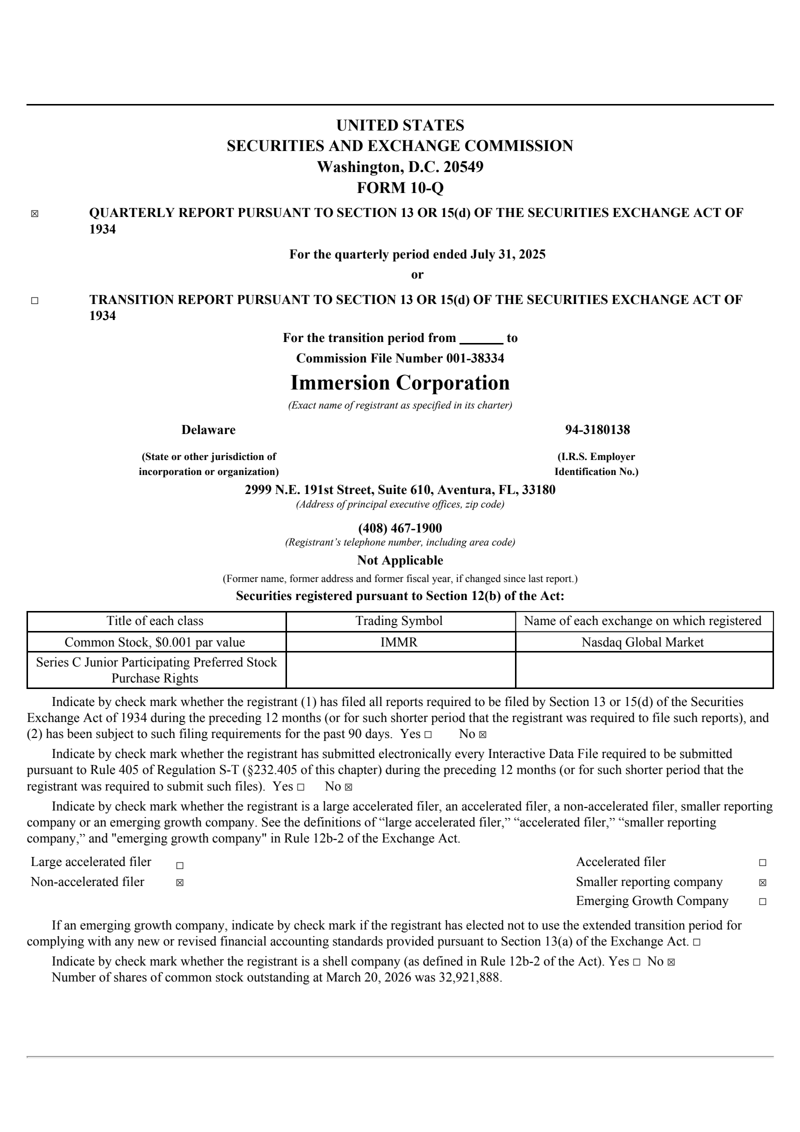 Immersion's Q1 2026 Quarterly report