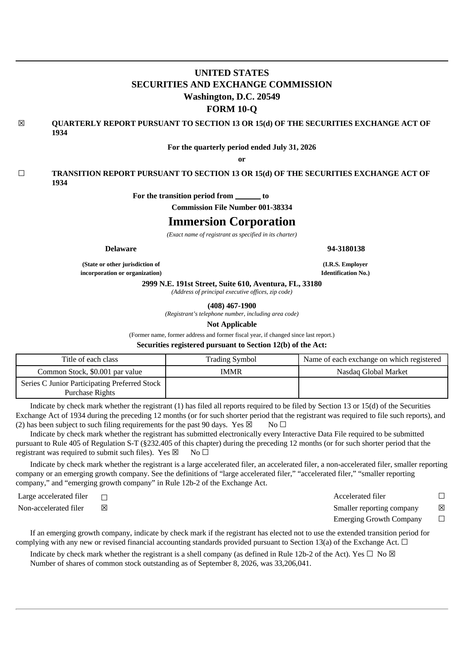 Immersion's Q1 2027 Quarterly report