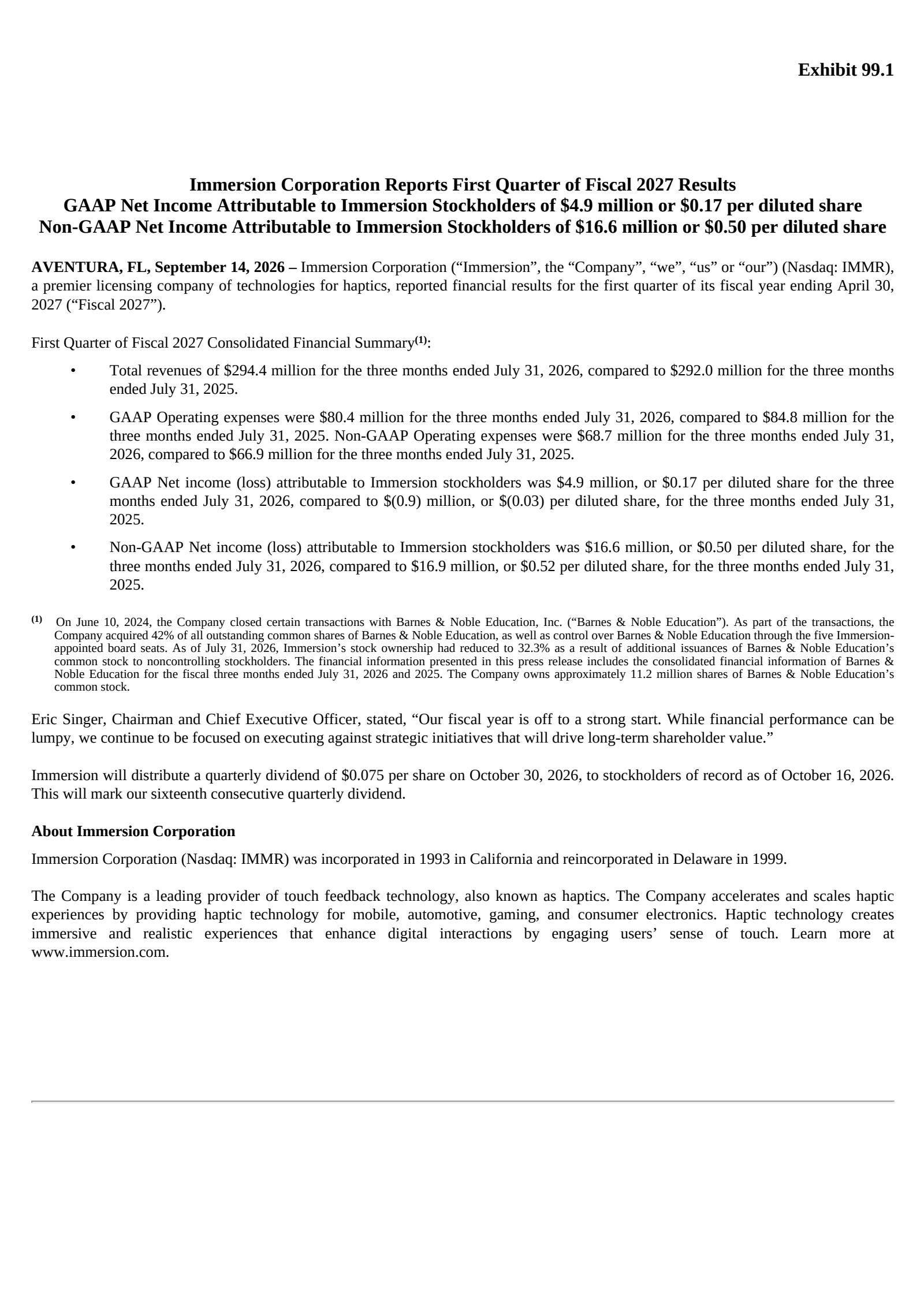 Immersion's Q1 2027 Press Release