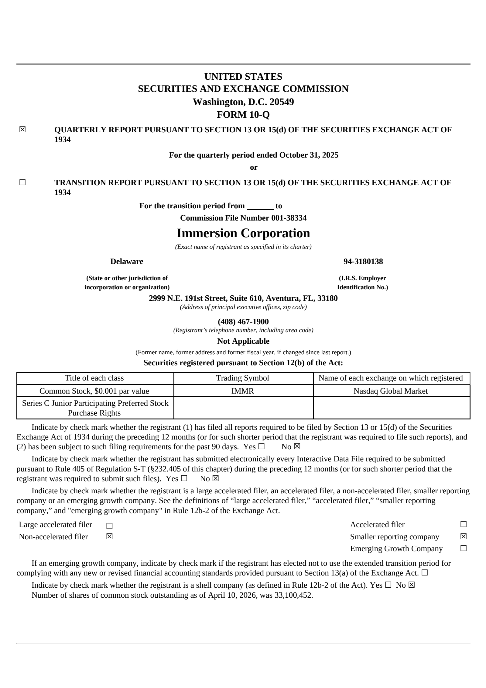 Immersion's Q2 2026 Quarterly report