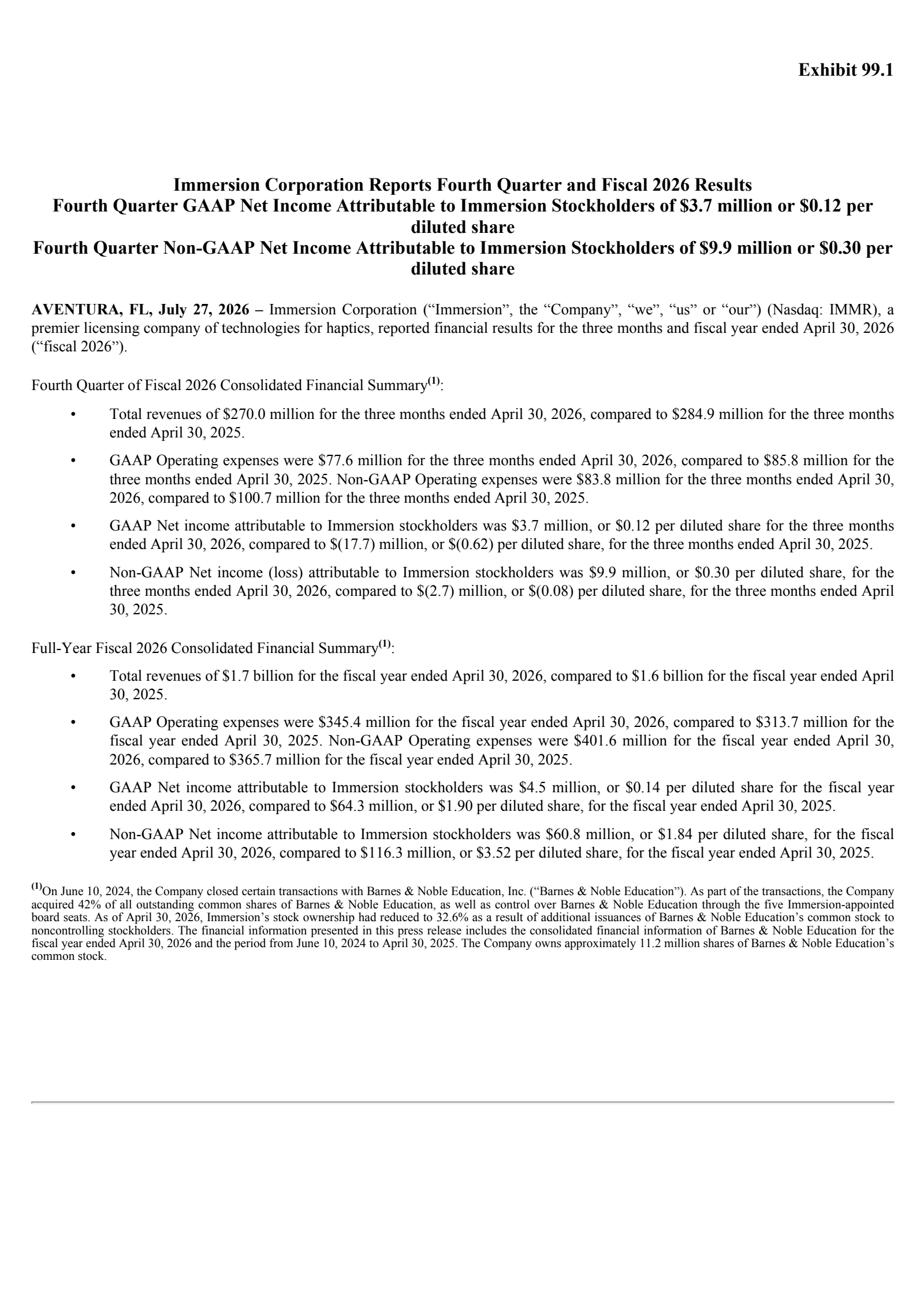 Immersion's Q4 2026 Press Release