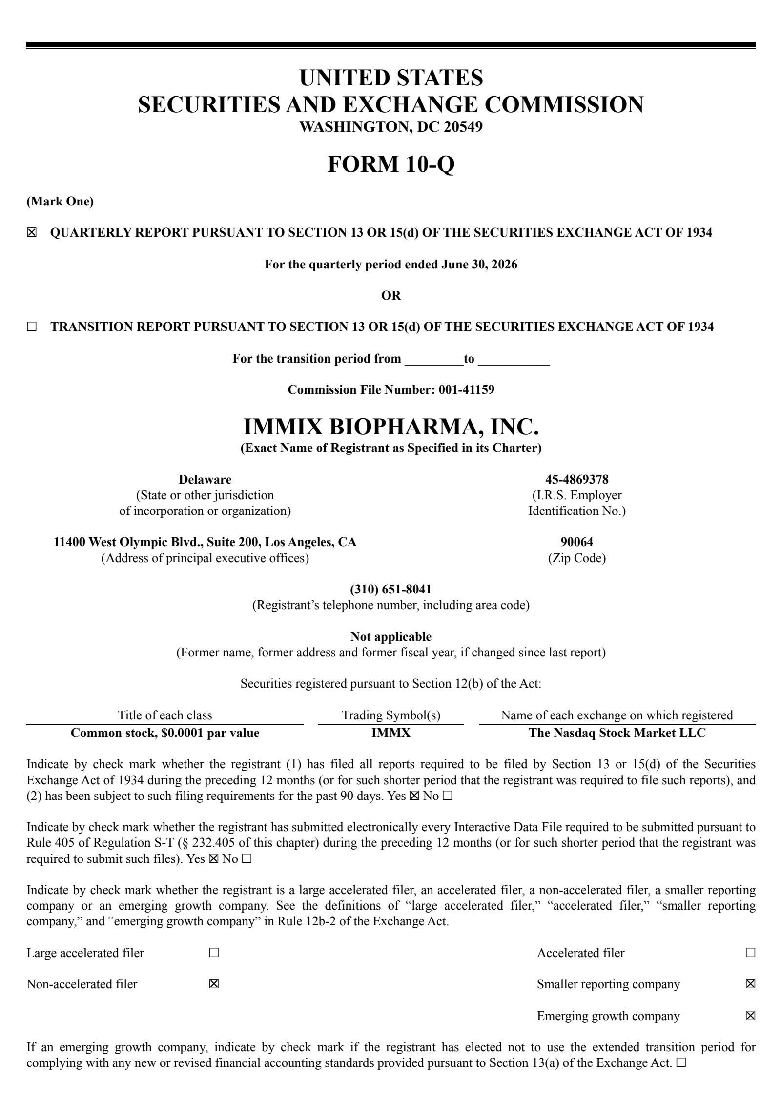 Immix Biopharma's Q2 2026 Quarterly report