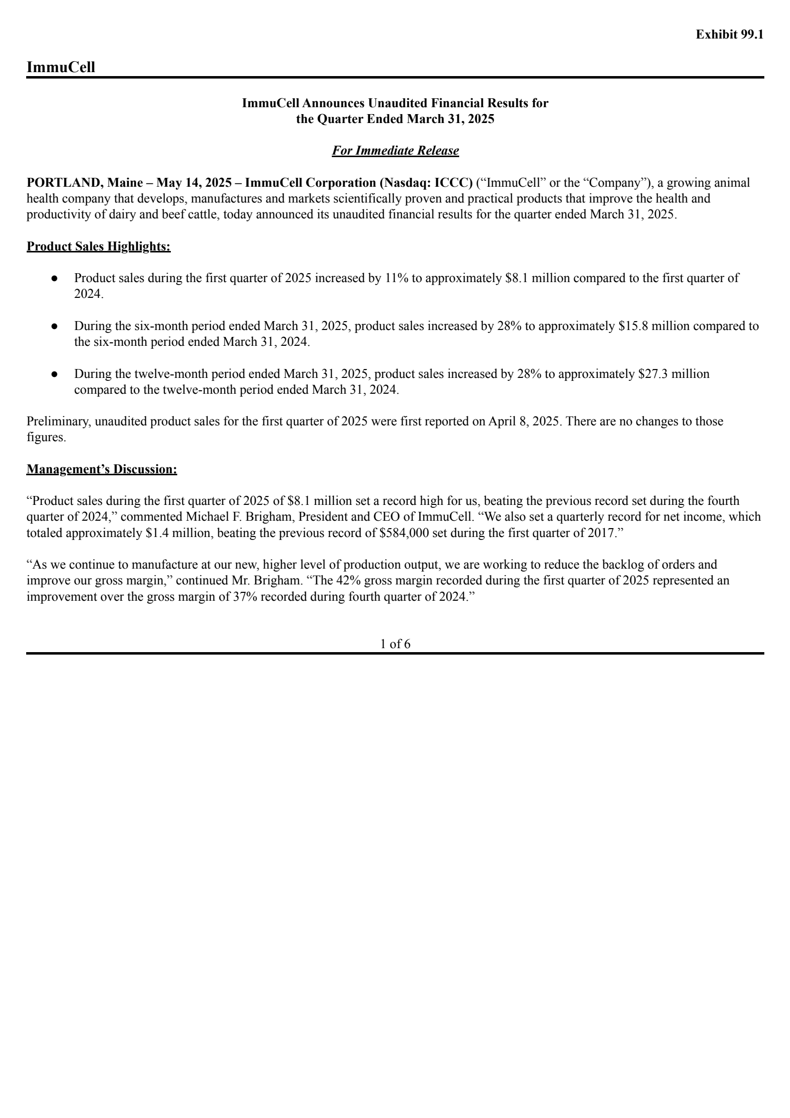 ImmuCell's Q1 2025 Press Release