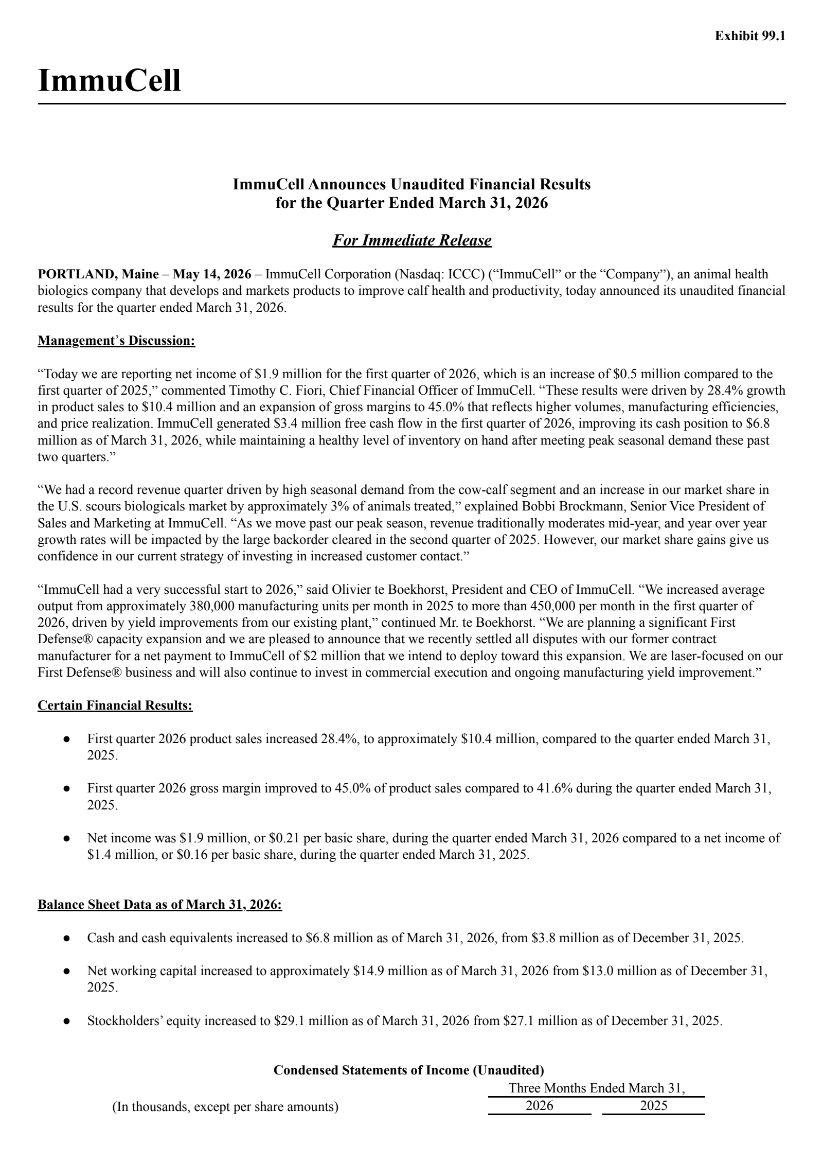 ImmuCell's Q1 2026 Press Release