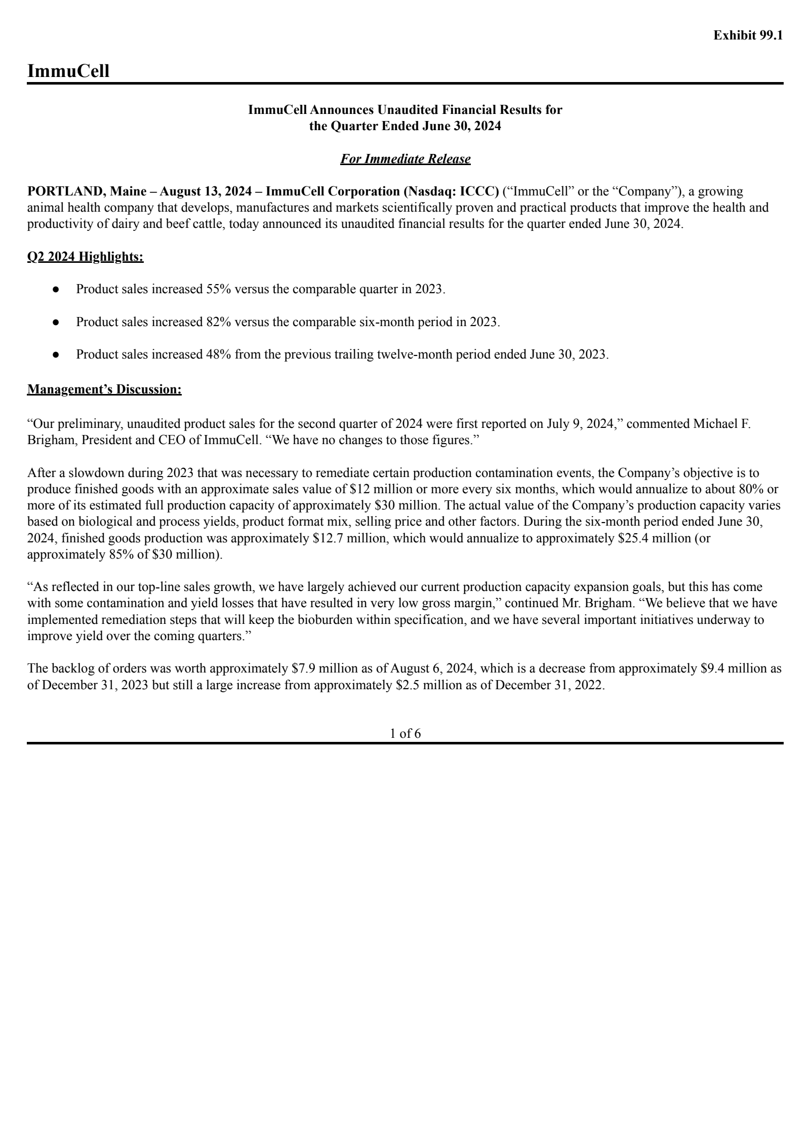 ImmuCell's Q2 2024 Press Release