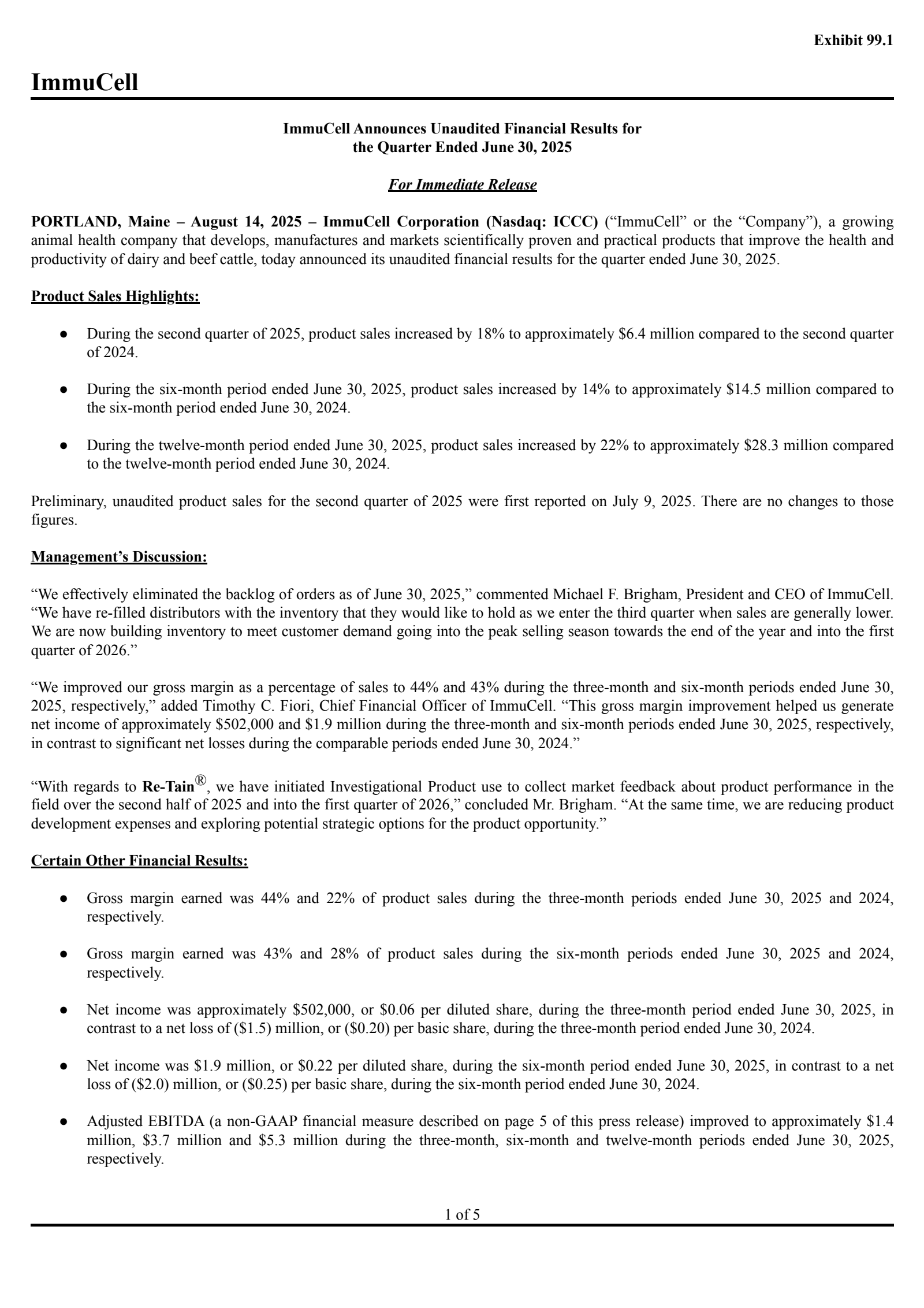 ImmuCell's Q2 2025 Press Release