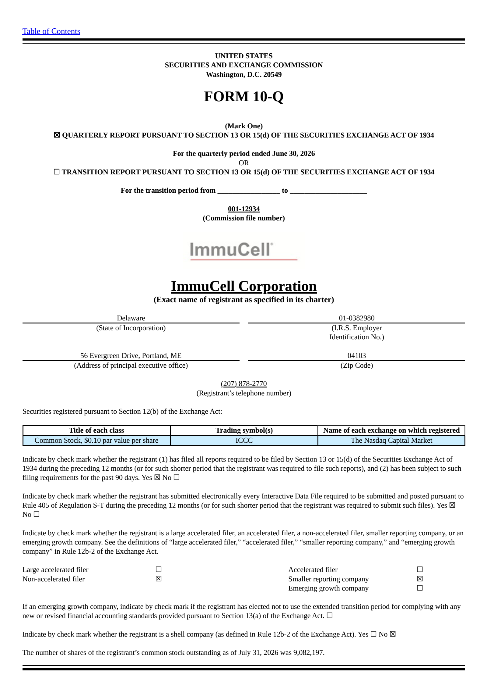 ImmuCell's Q2 2026 Quarterly report