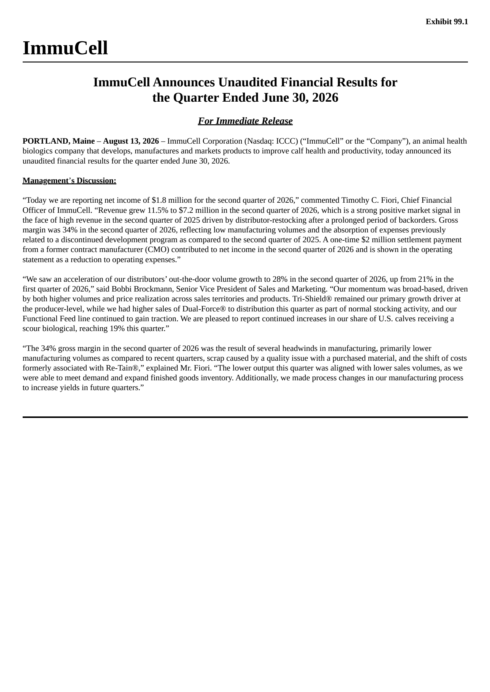 ImmuCell's Q2 2026 Press Release