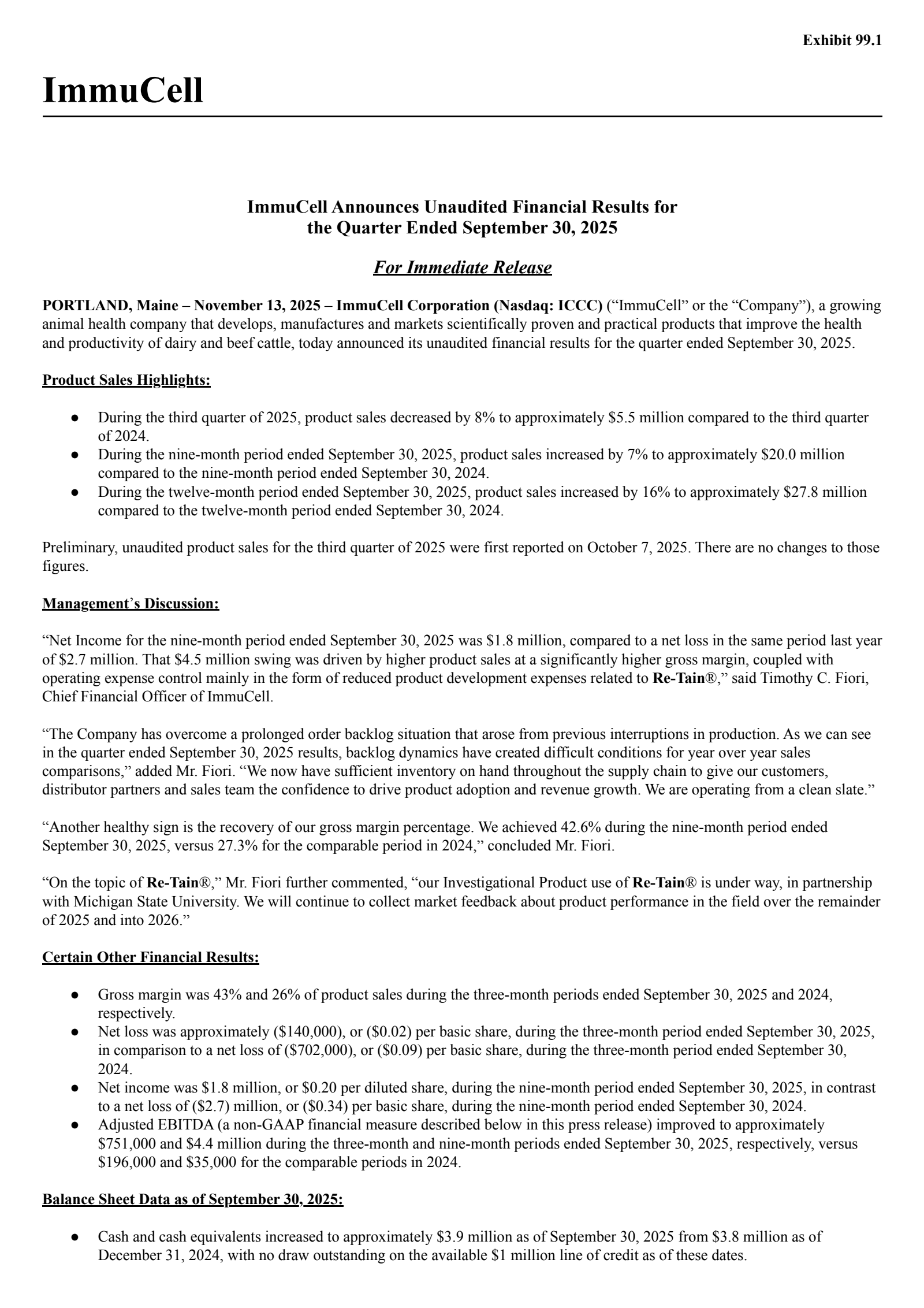 ImmuCell's Q3 2025 Earnings Release