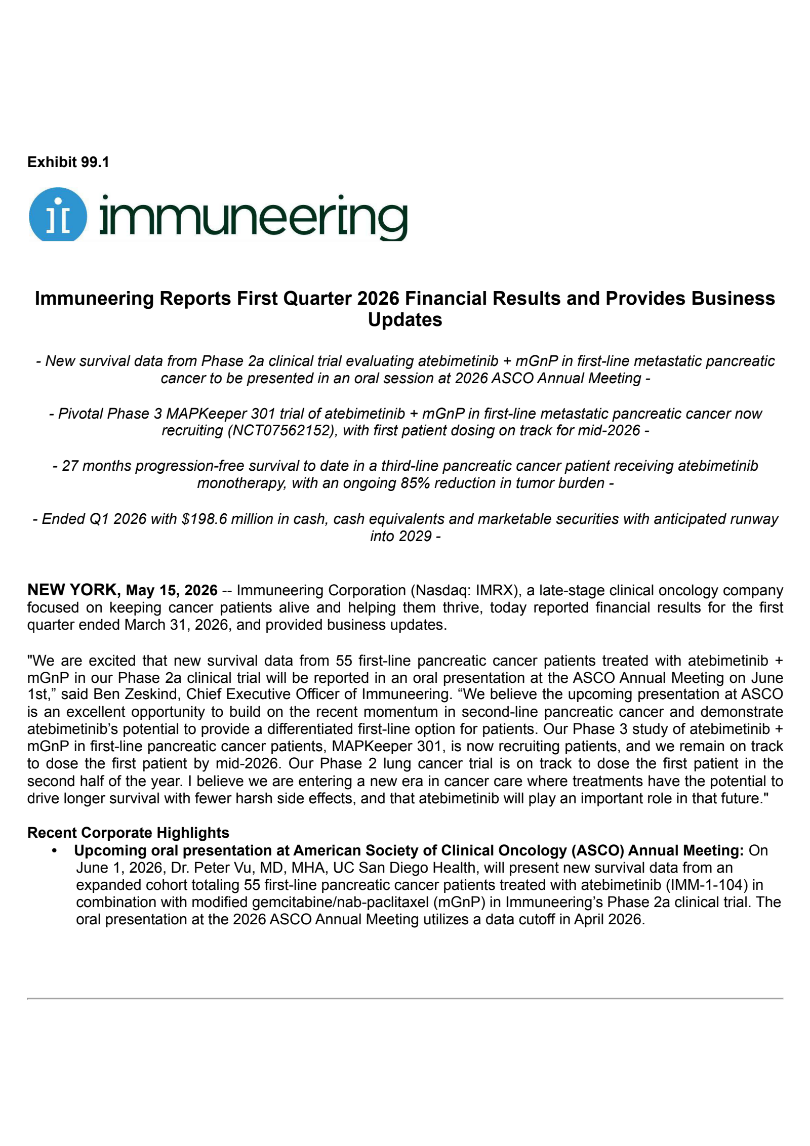 Immuneering's Q1 2026 Press Release