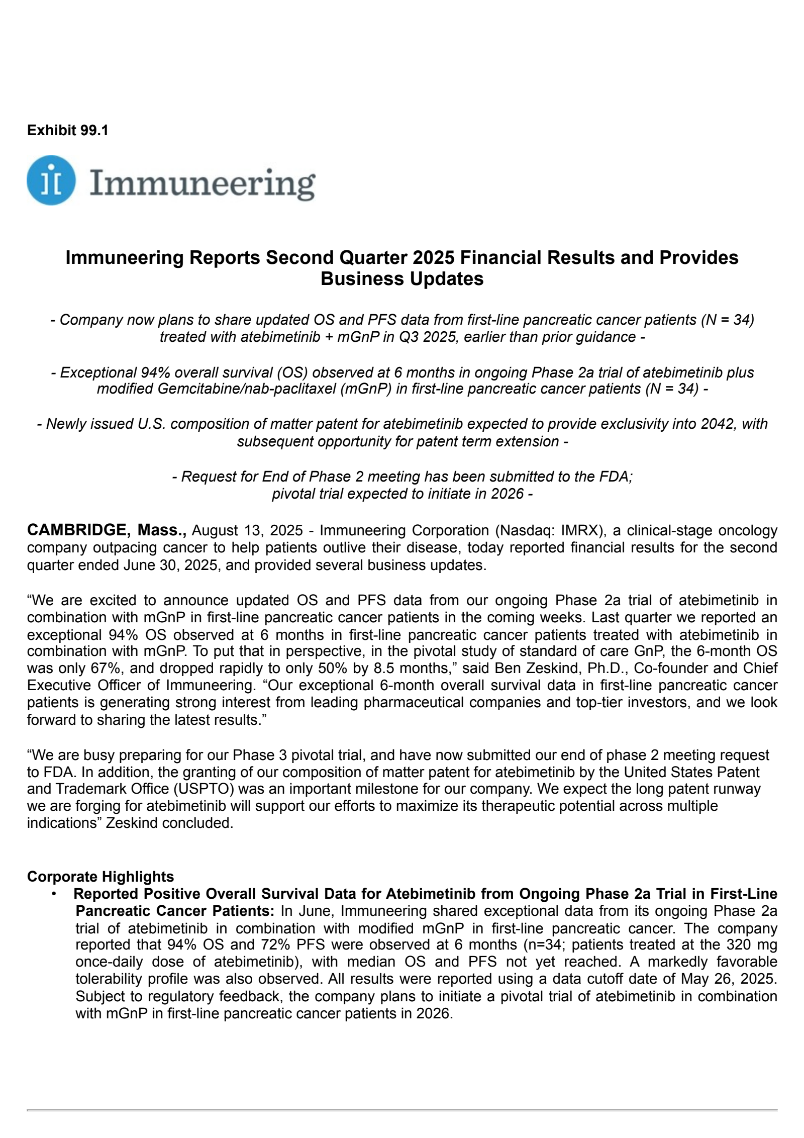 Immuneering's Q2 2025 Press Release