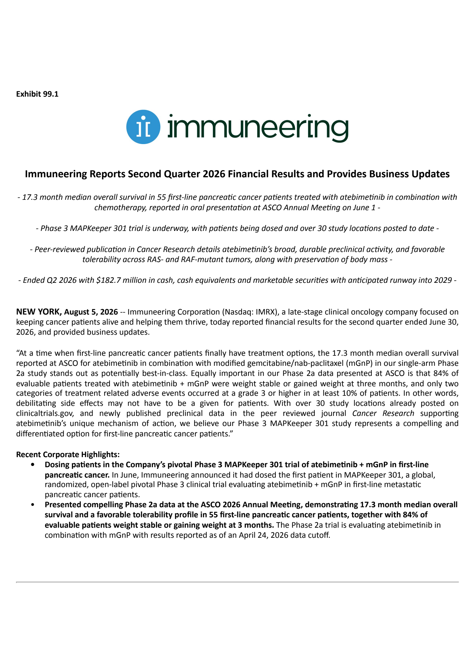 Immuneering's Q2 2026 Press Release