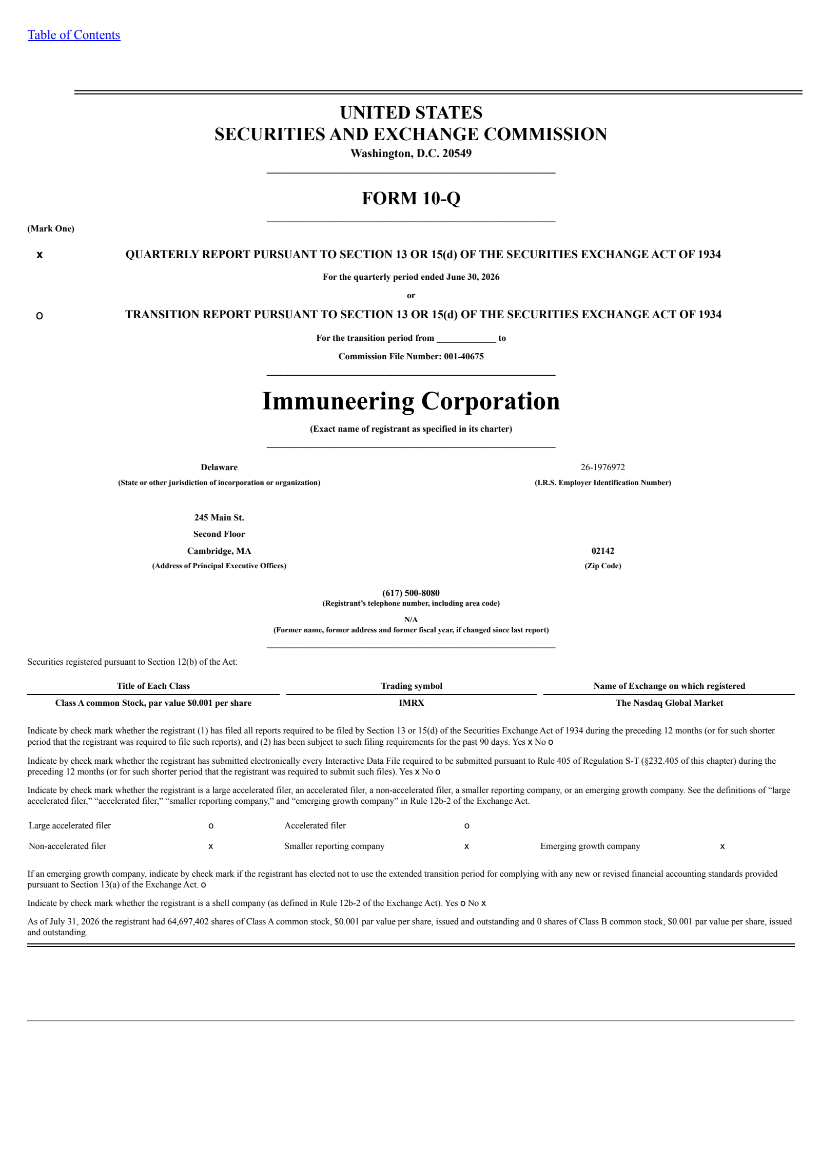 Immuneering's Q2 2026 Quarterly report