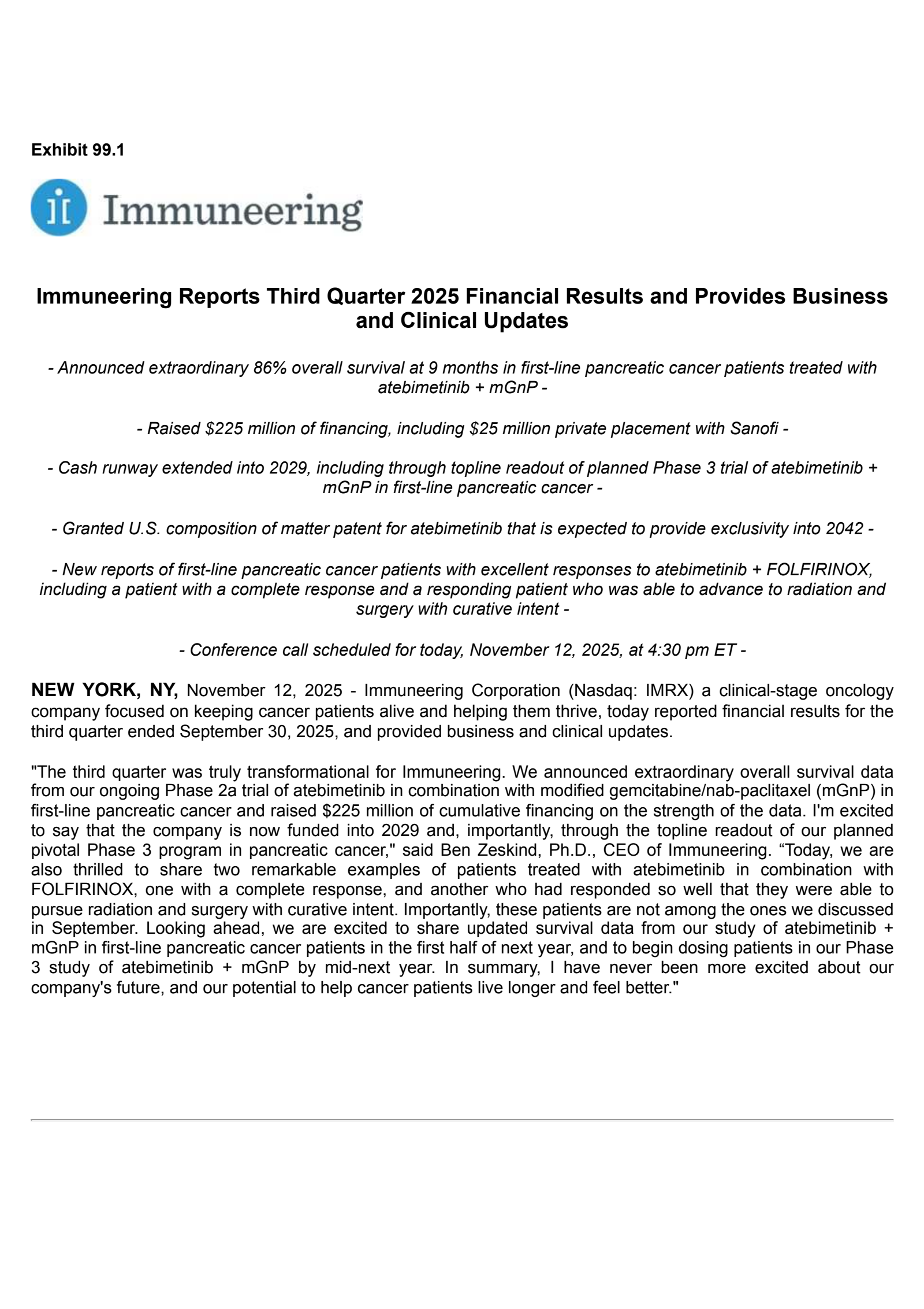 Immuneering's Q3 2025 Earnings Release