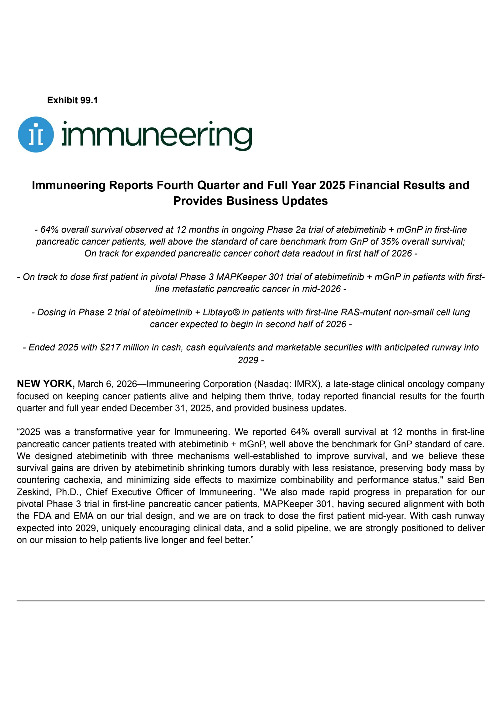 Immuneering's Q4 2025 Press Release
